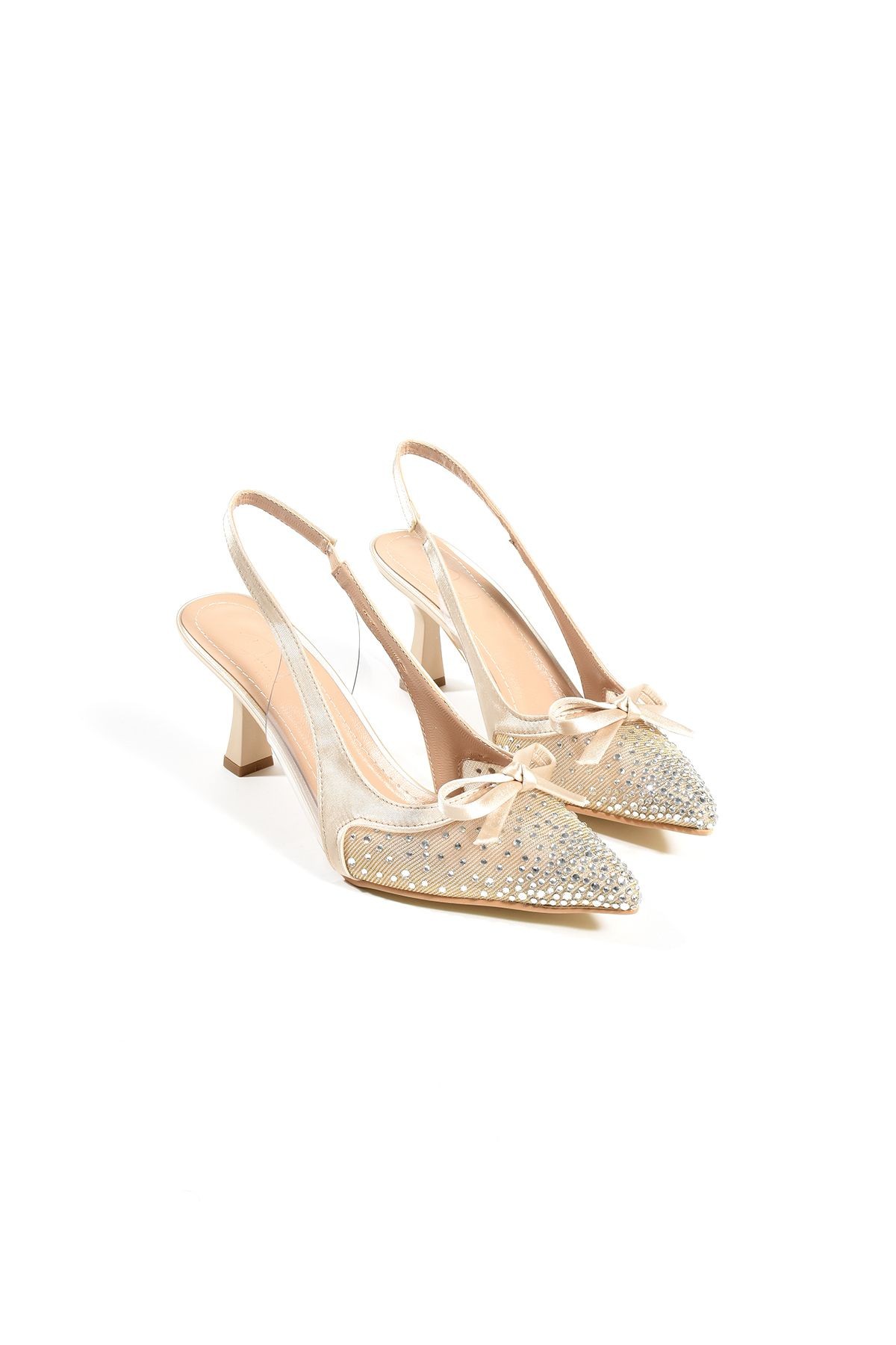 DUXAL SHOES Olivia Kadın Stiletto Taşlı Sivri Burun Fiyonk Detay Arkası Açık Abiye Klasik Topuklu Ayakkabı