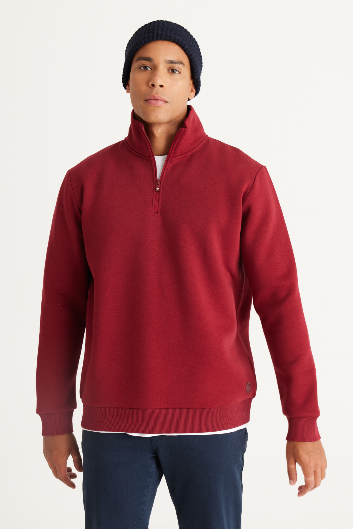 AC&Co / Altınyıldız Classics Erkek Bordo Standart Fit Normal Kesim İçi Polarlı Bato Yaka Pamuklu Sweatshirt