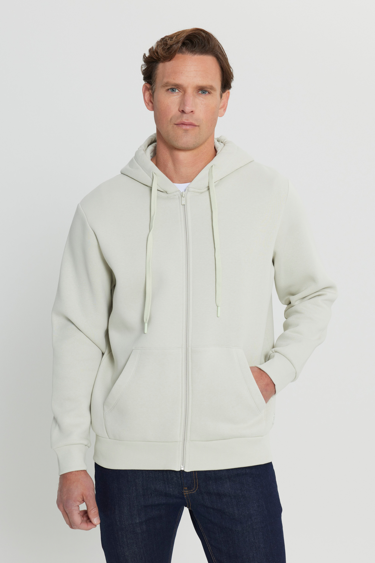 AC&Co / Altınyıldız Classics Bej Standart Fit Normal Kesim Kapüşonlu Erkek Fermuarlı Sweatshirt Hırka