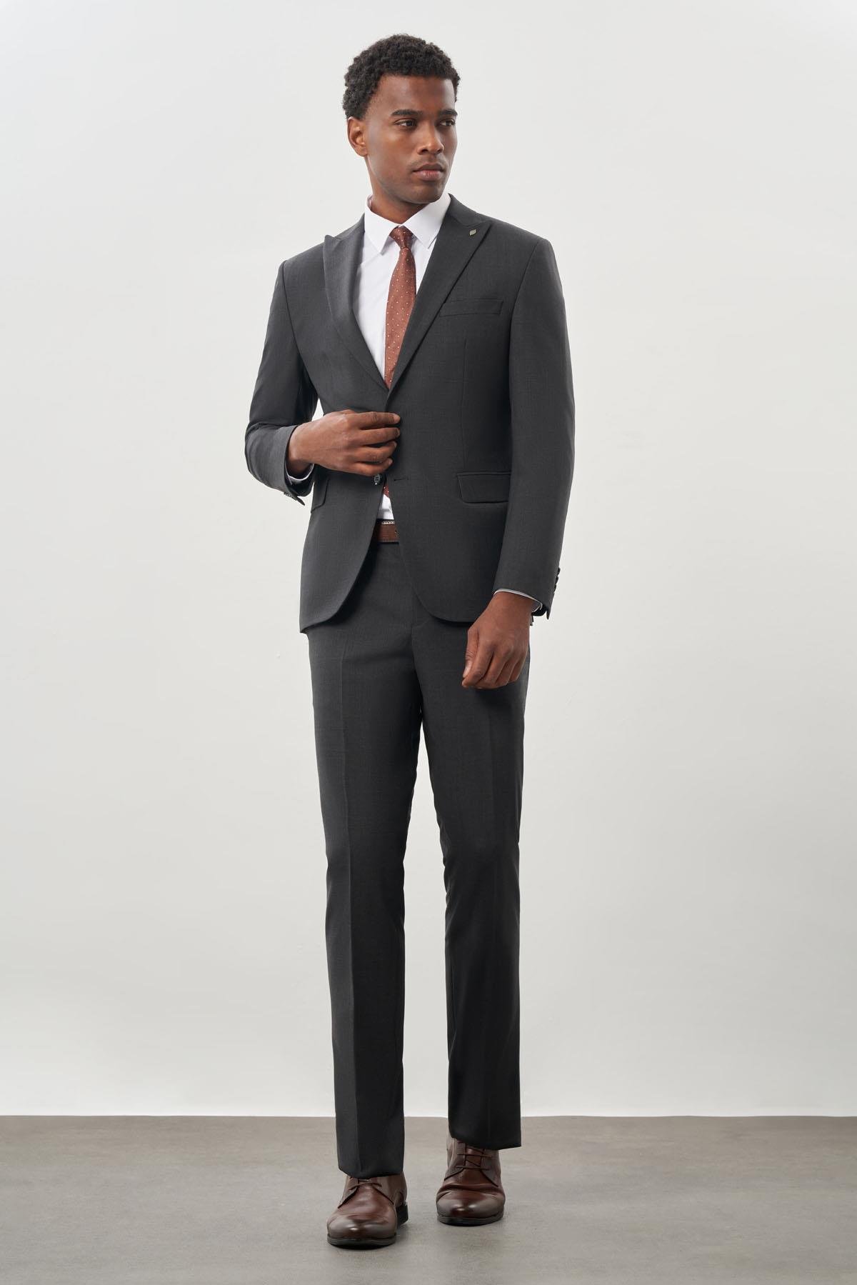 İMZA Koyu Antrasit Düz Kılıç Yaka Yünlü 6 Drop Slim Fit Classic Takım Elbise 1001245179