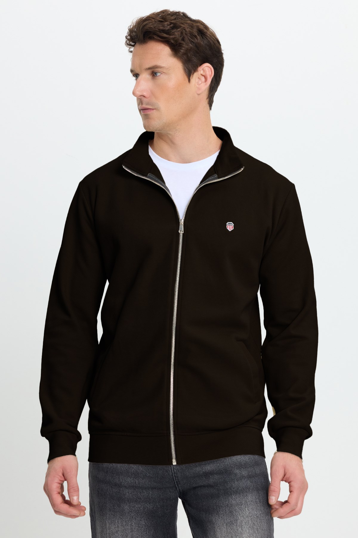 TUDORS Erkek Slim Fit Dar Kesim Pamuklu Tam Fermuarlı Çift Cepli Dik Yaka Koyu Kahverengi Sweatshirt Hırka görsel 2