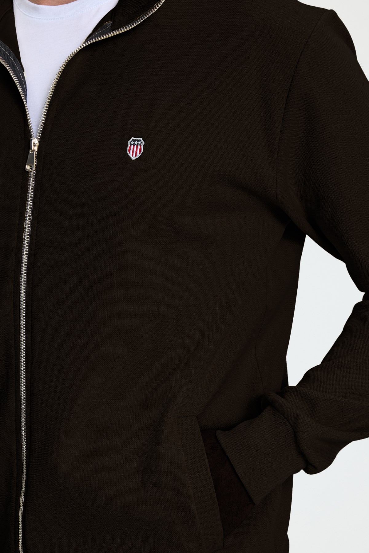 TUDORS Erkek Slim Fit Dar Kesim Pamuklu Tam Fermuarlı Çift Cepli Dik Yaka Koyu Kahverengi Sweatshirt Hırka görsel 4