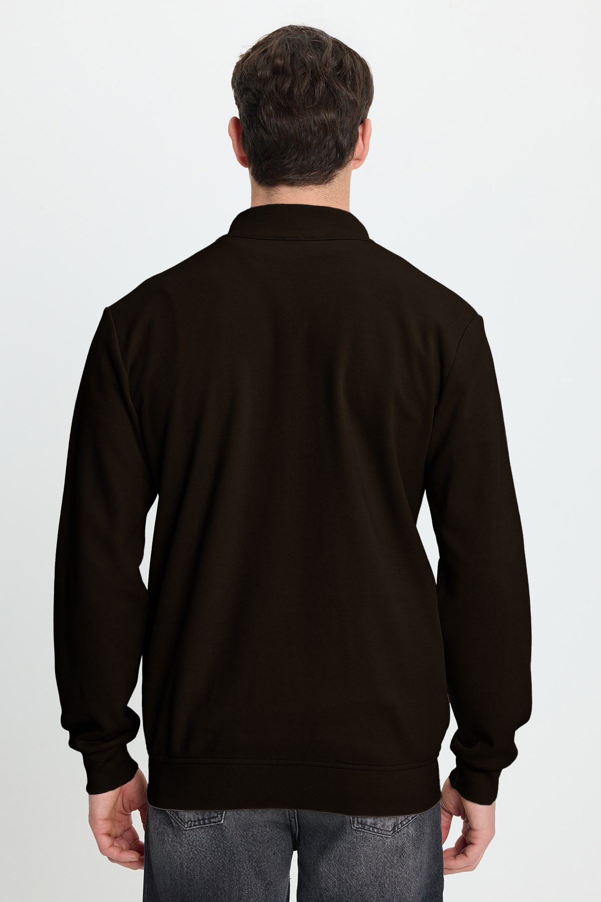 TUDORS Erkek Slim Fit Dar Kesim Pamuklu Tam Fermuarlı Çift Cepli Dik Yaka Koyu Kahverengi Sweatshirt Hırka görsel 6