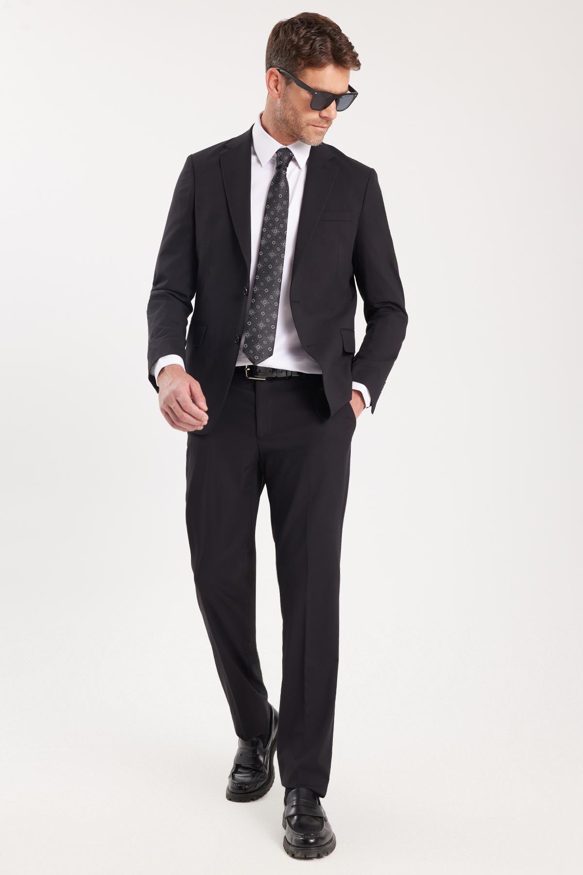 TUDORS Erkek Slim Fit Mono Yaka Elastanlı Esnek Kumaş Siyah Takım Elbise