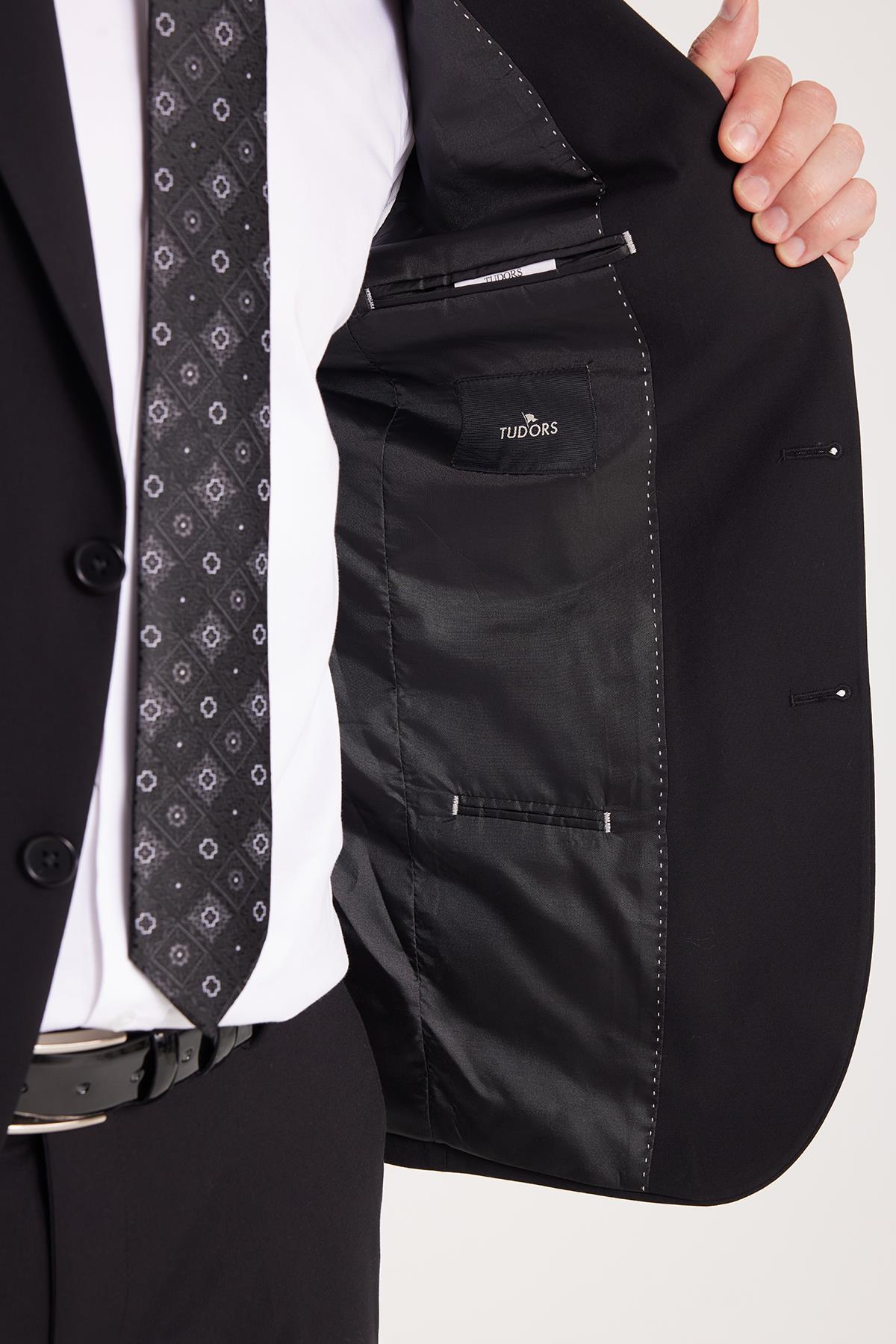 TUDORS Erkek Slim Fit Mono Yaka Elastanlı Esnek Kumaş Siyah Takım Elbise görsel 3