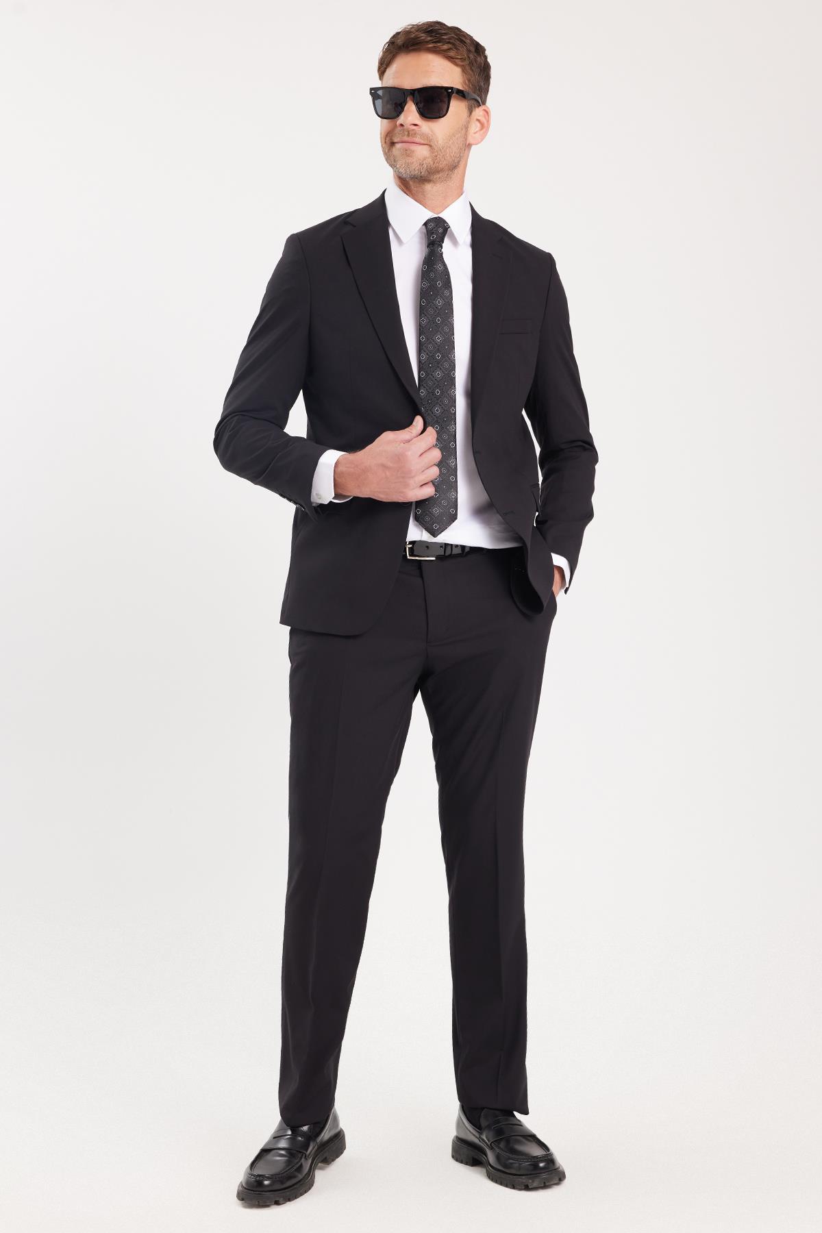 TUDORS Erkek Slim Fit Mono Yaka Elastanlı Esnek Kumaş Siyah Takım Elbise görsel 4