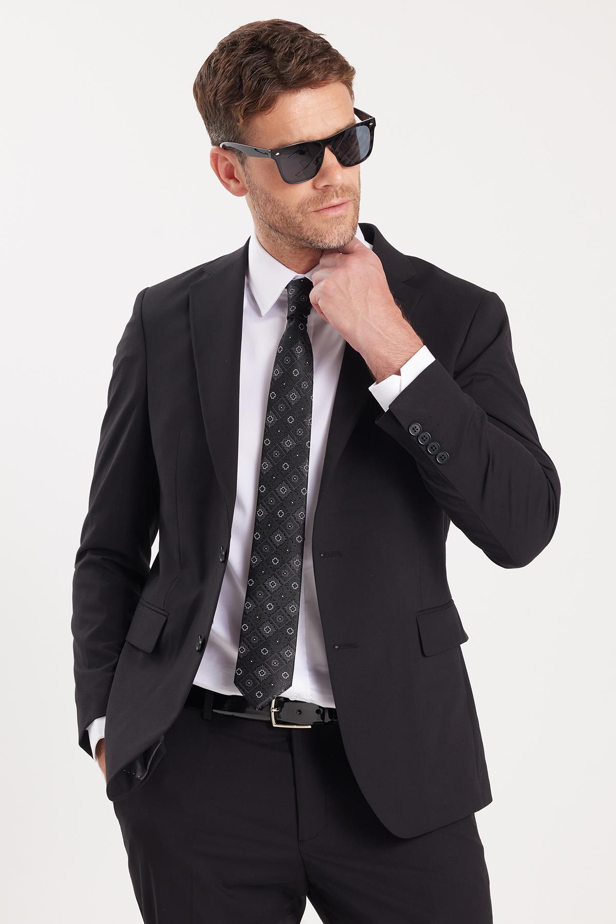 TUDORS Erkek Slim Fit Mono Yaka Elastanlı Esnek Kumaş Siyah Takım Elbise görsel 5