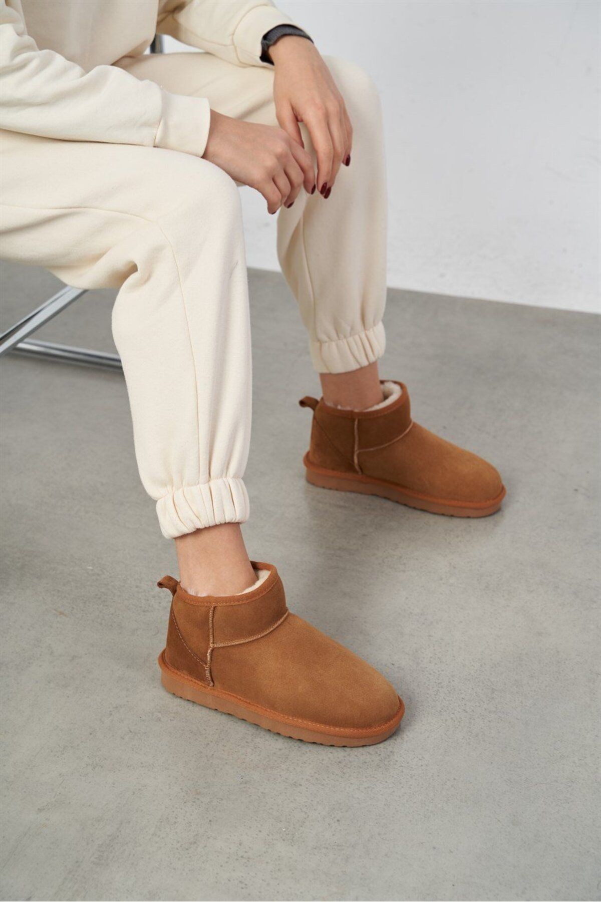 DUXAL SHOES Mini Gri Süet Yarım Bot içi Tüylü Düz Taban Kadın Ayakkabı görsel 2