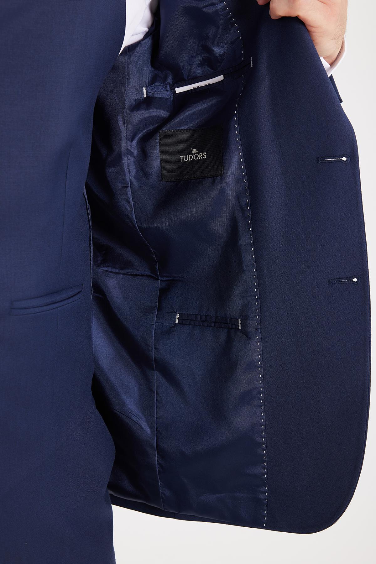 TUDORS Erkek Slim Fit Lacivert Esnek Elastanlı Kumaş Sivri Yaka Yelekli Takım Elbise görsel 3
