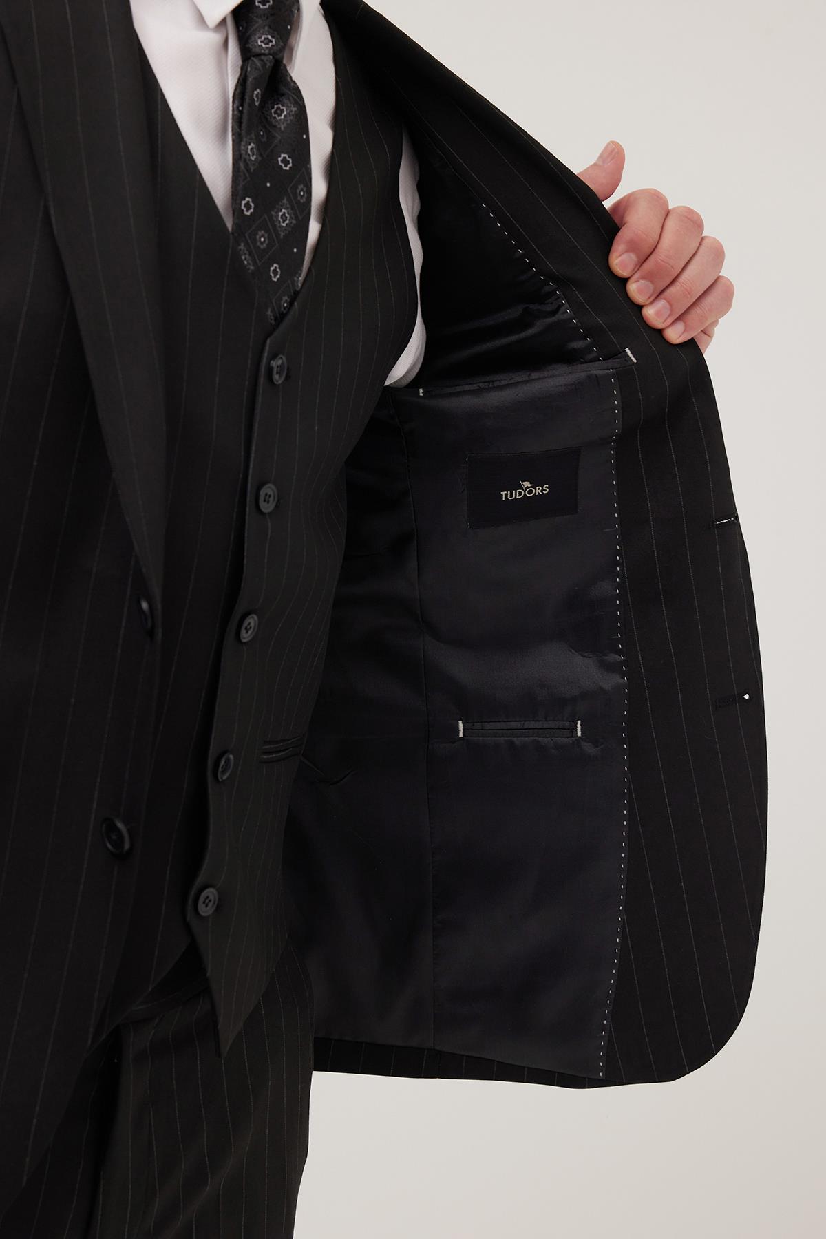 TUDORS Erkek Slim Fit Siyah Esnek Elastanlı Kumaş Sivri Yaka Yelekli Takım Elbise görsel 3