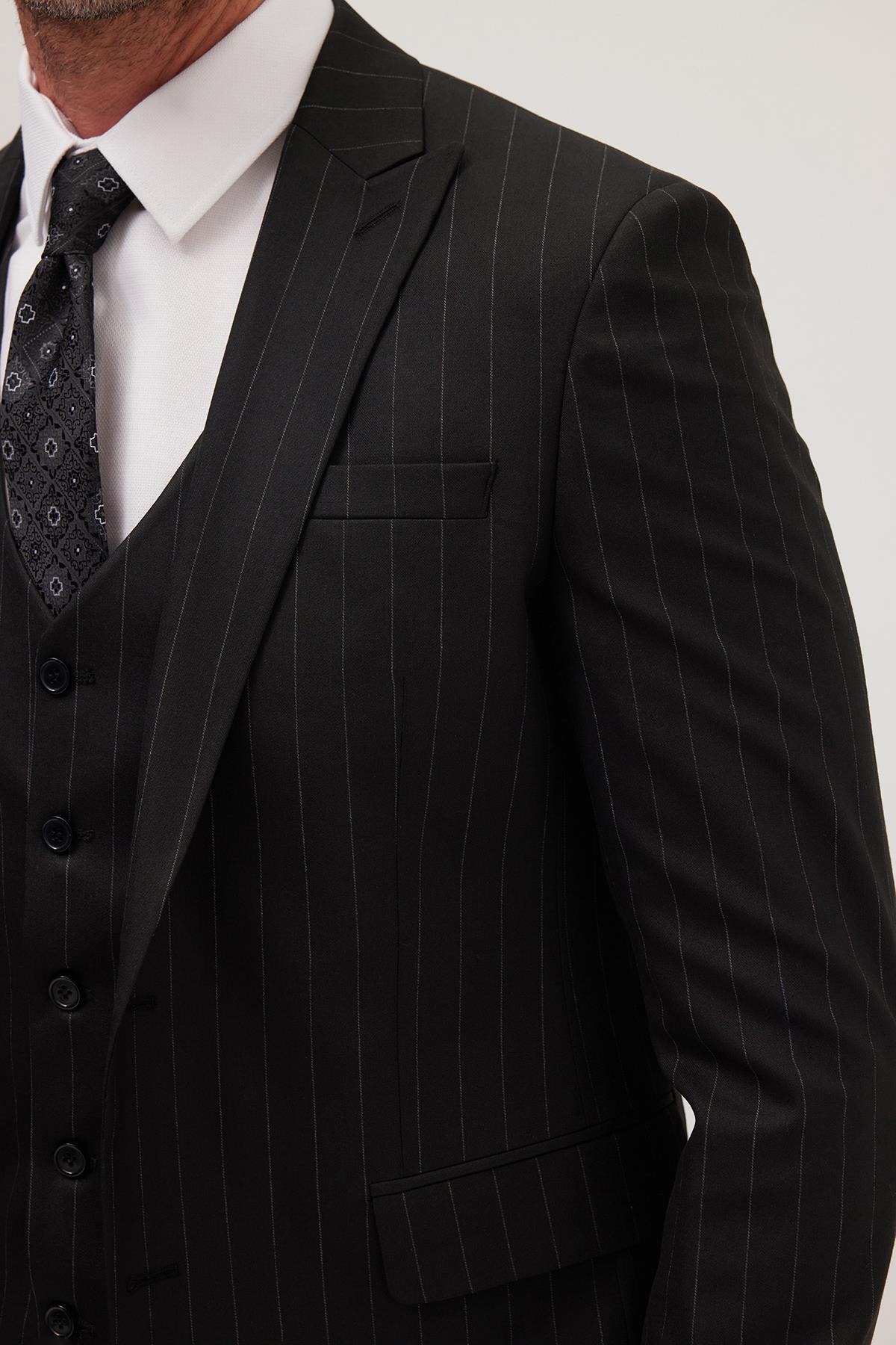 TUDORS Erkek Slim Fit Siyah Esnek Elastanlı Kumaş Sivri Yaka Yelekli Takım Elbise görsel 6