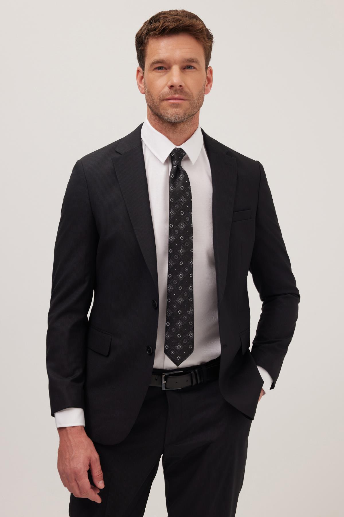 TUDORS Erkek Slim Fit Mono Yaka Elastanlı Esnek Kumaş Siyah Takım Elbise görsel 2