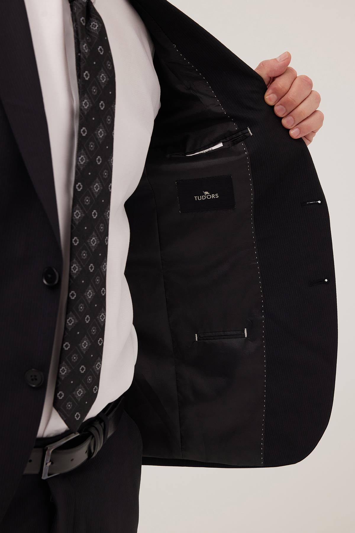 TUDORS Erkek Slim Fit Mono Yaka Elastanlı Esnek Kumaş Siyah Takım Elbise görsel 3