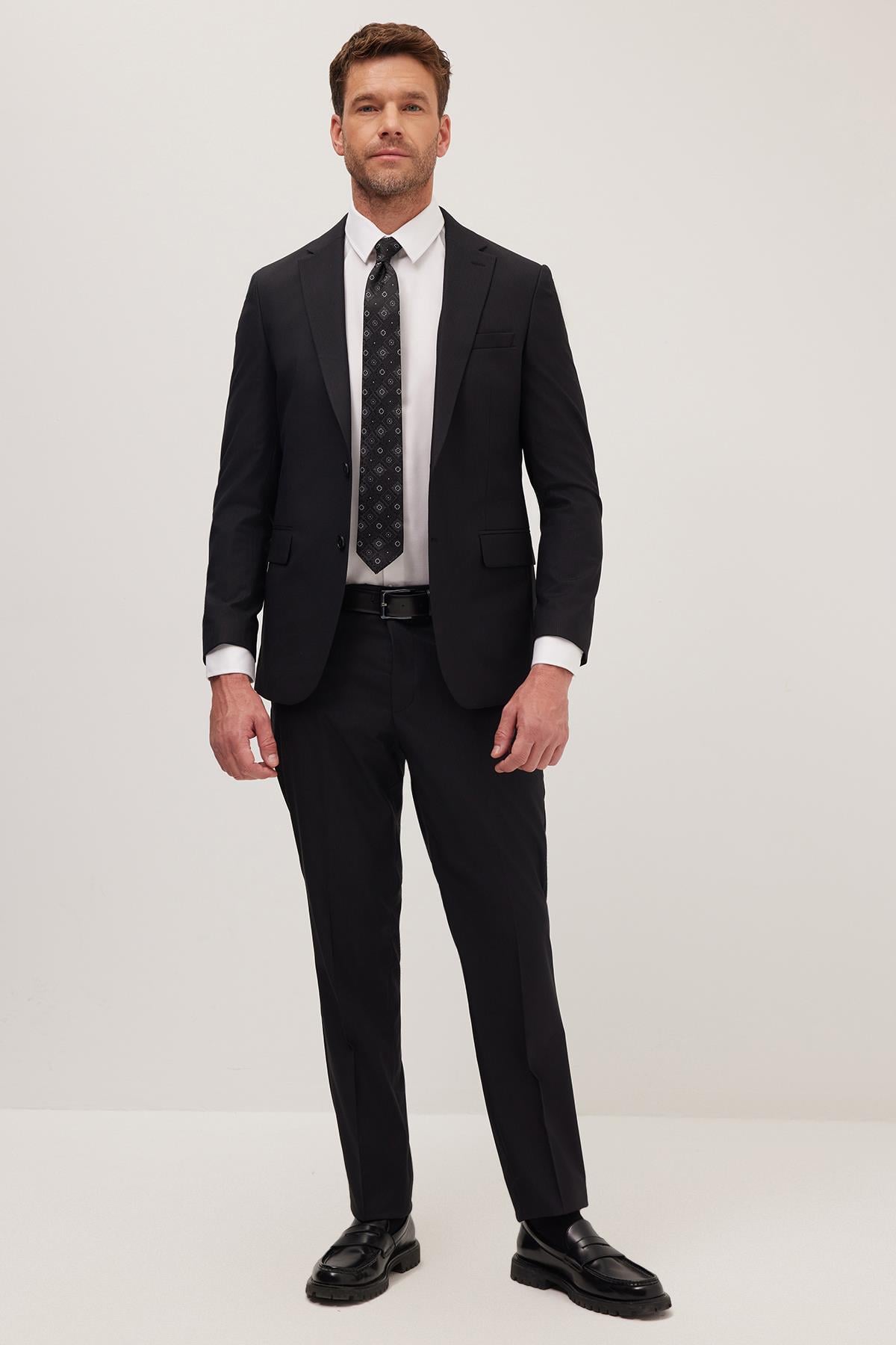 TUDORS Erkek Slim Fit Mono Yaka Elastanlı Esnek Kumaş Siyah Takım Elbise görsel 4