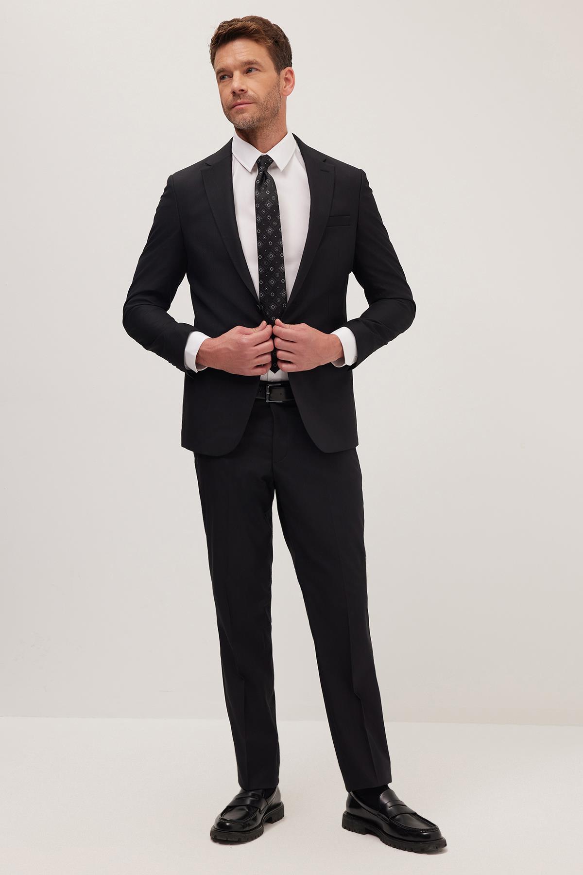 TUDORS Erkek Slim Fit Mono Yaka Elastanlı Esnek Kumaş Siyah Takım Elbise görsel 5
