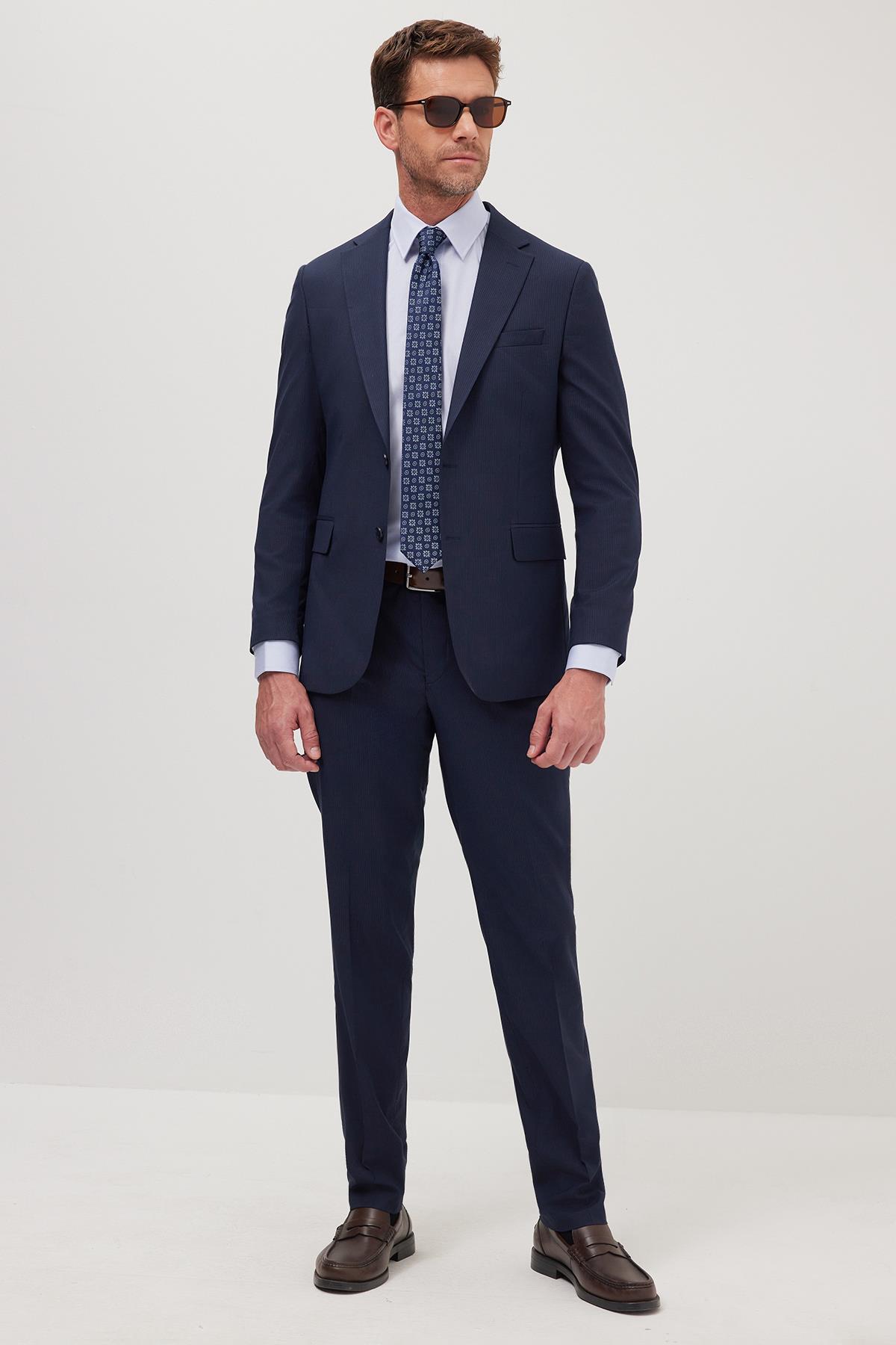 TUDORS Erkek Slim Fit Mono Yaka Elastanlı Esnek Kumaş Lacivert Takım Elbise