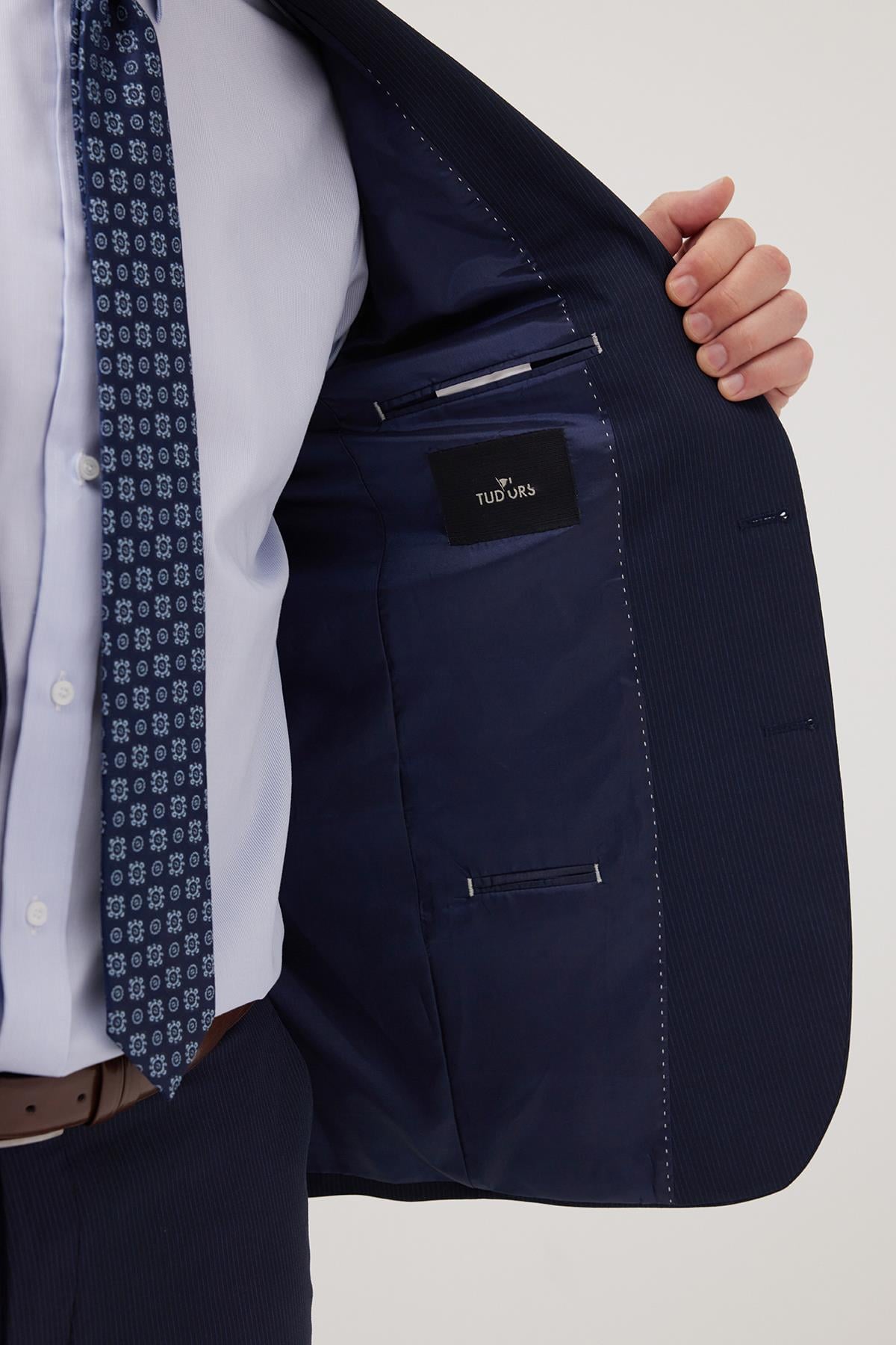 TUDORS Erkek Slim Fit Mono Yaka Elastanlı Esnek Kumaş Lacivert Takım Elbise görsel 3
