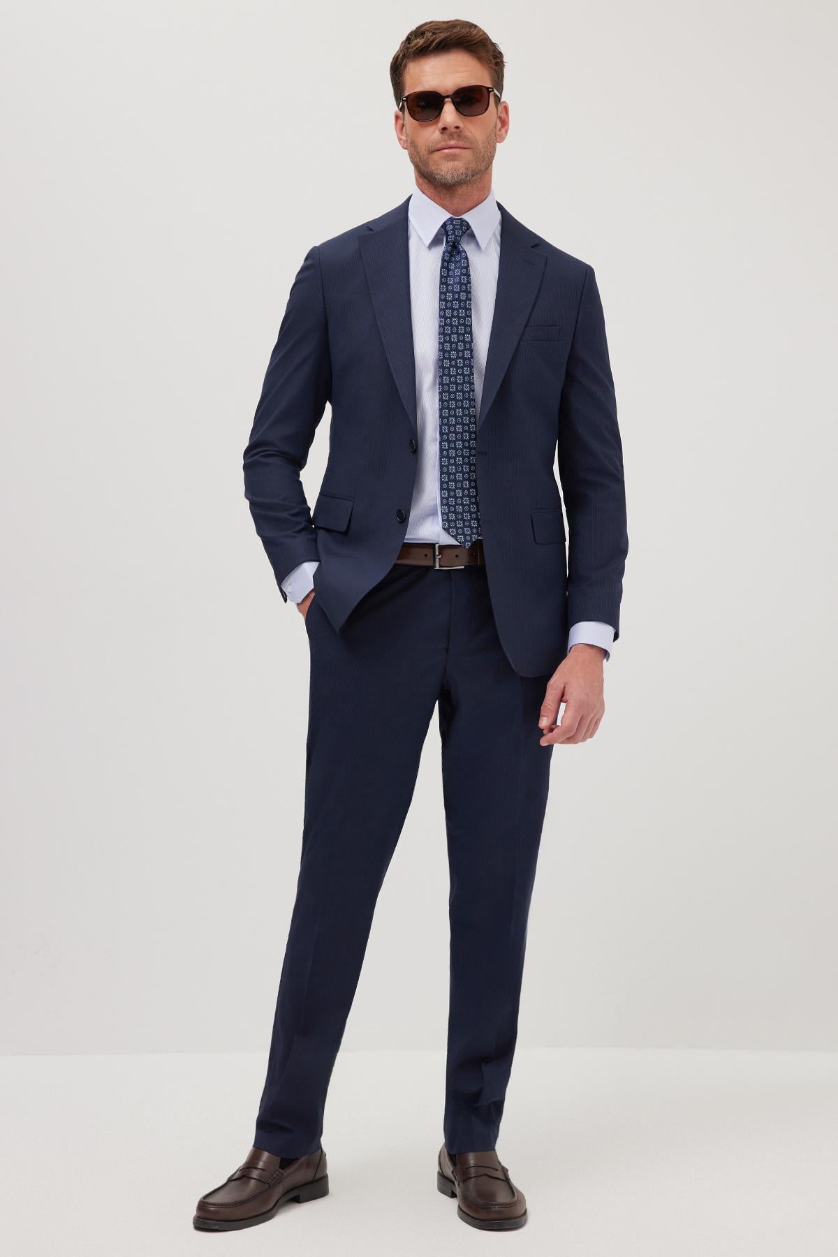 TUDORS Erkek Slim Fit Mono Yaka Elastanlı Esnek Kumaş Lacivert Takım Elbise görsel 4