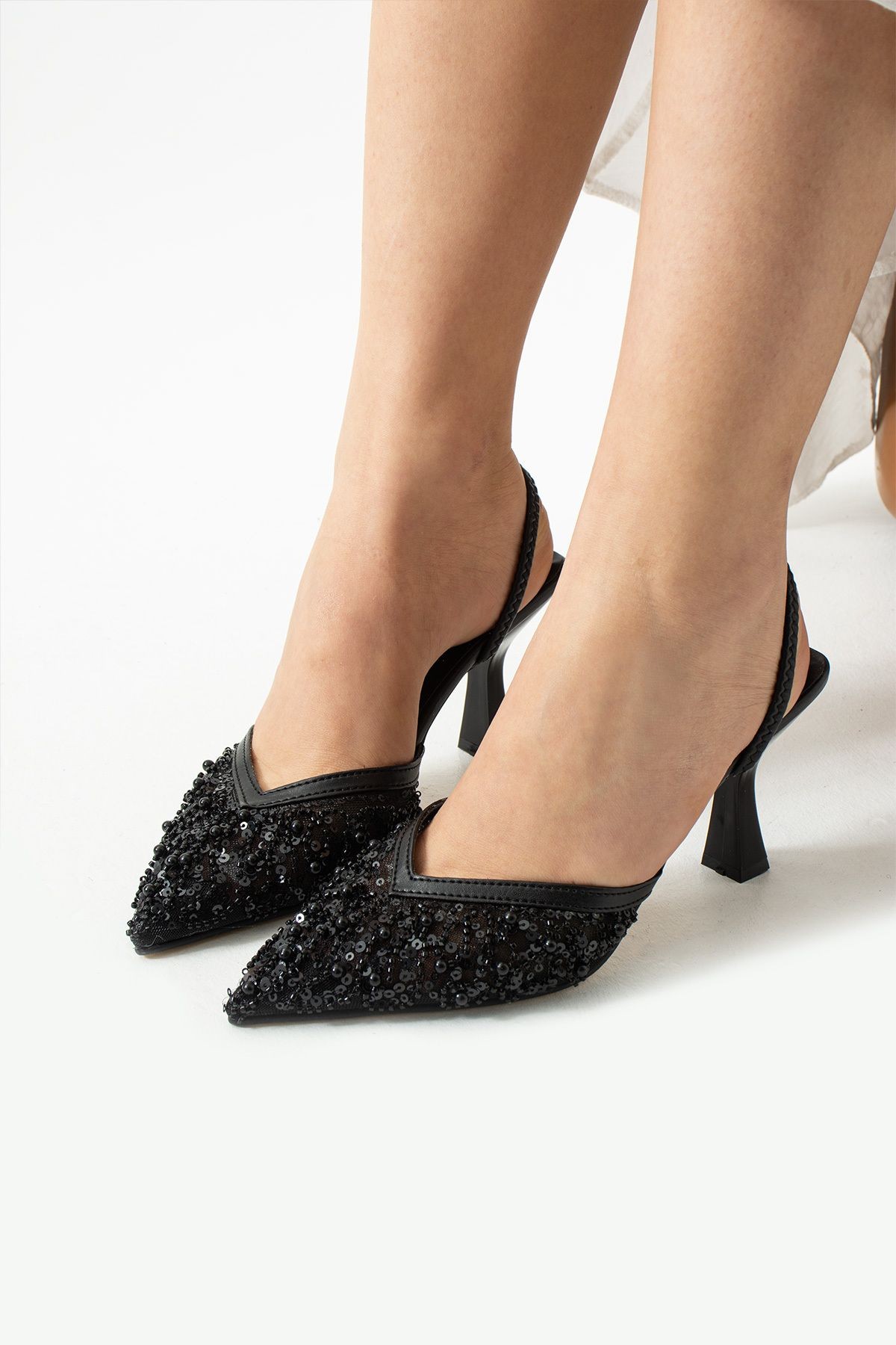DUXAL SHOES Alberta Tüylü Boncuklu Detaylı Arkası Açık Topuklu Ayakkabı görsel 2