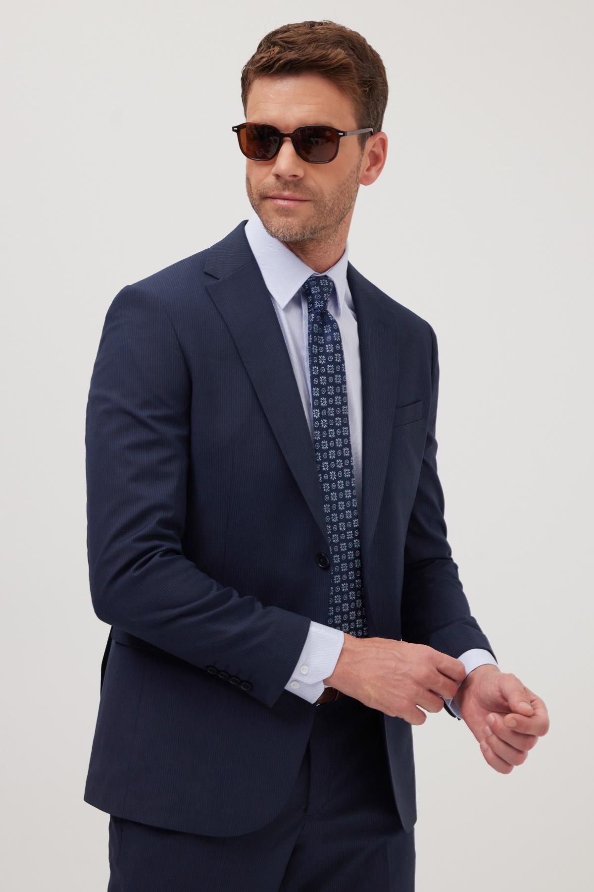 TUDORS Erkek Slim Fit Mono Yaka Elastanlı Esnek Kumaş Lacivert Takım Elbise görsel 5