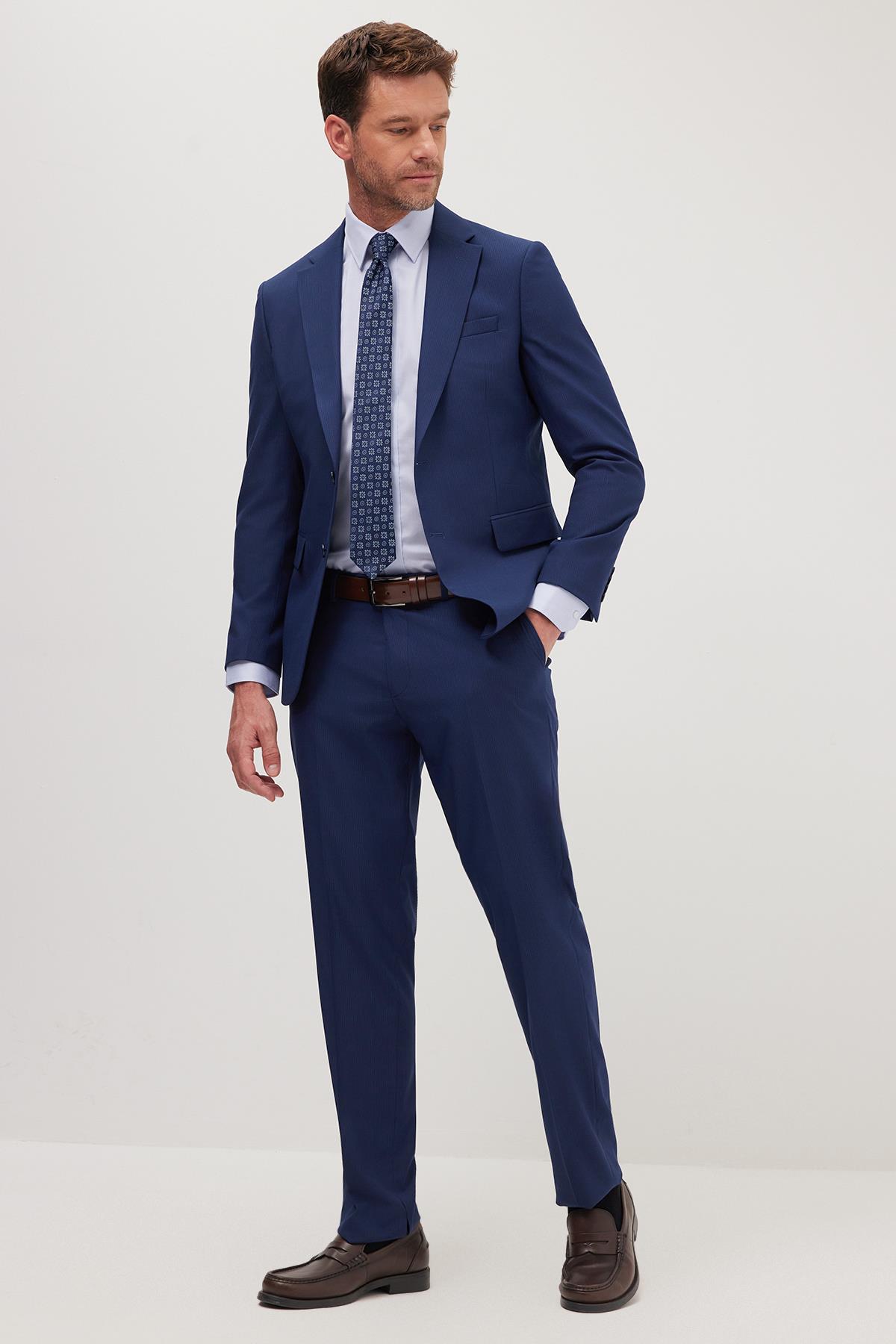 TUDORS Erkek Slim Fit Mono Yaka Elastanlı Esnek Kumaş Koyu Lacivert Takım Elbise