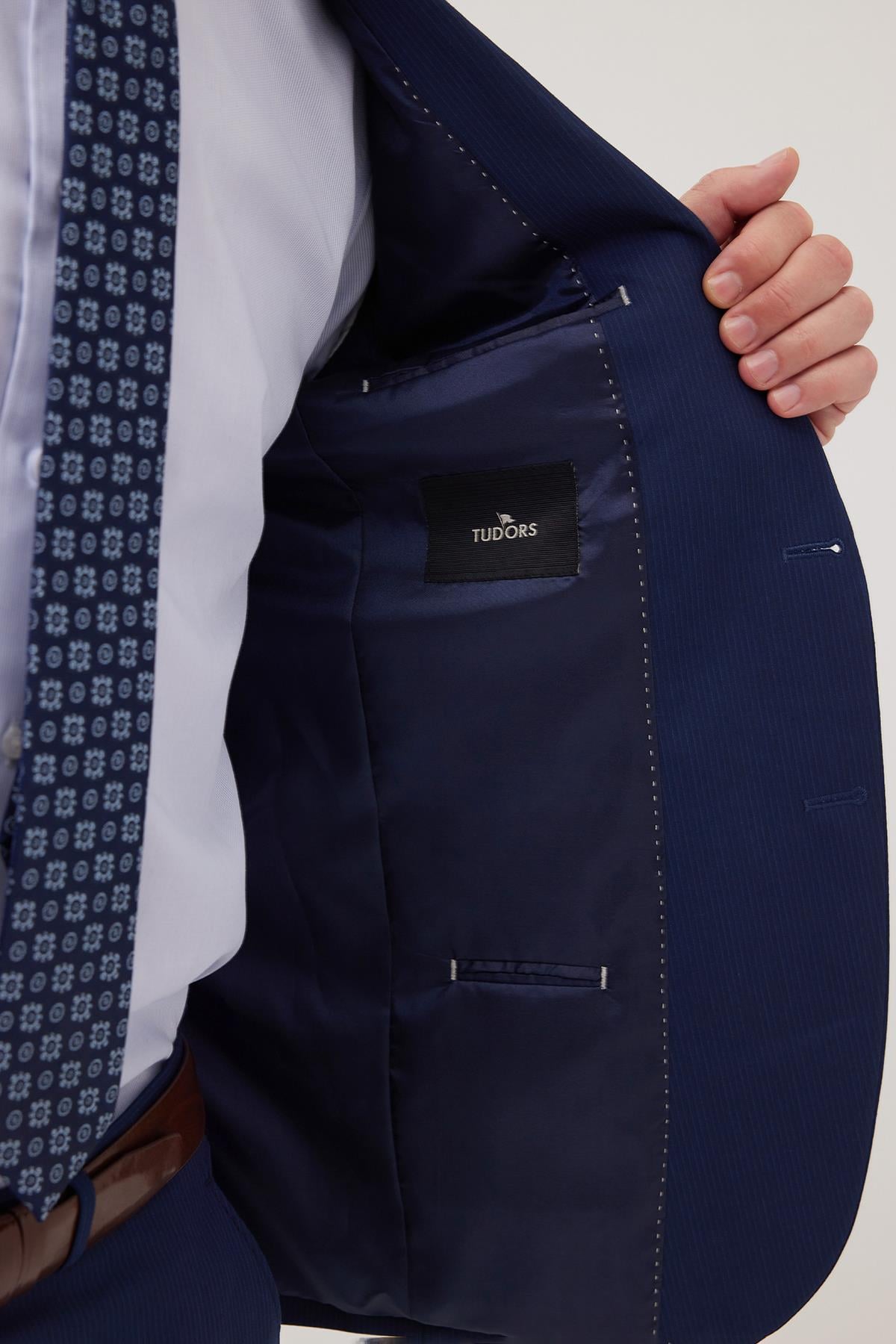 TUDORS Erkek Slim Fit Mono Yaka Elastanlı Esnek Kumaş Koyu Lacivert Takım Elbise görsel 3