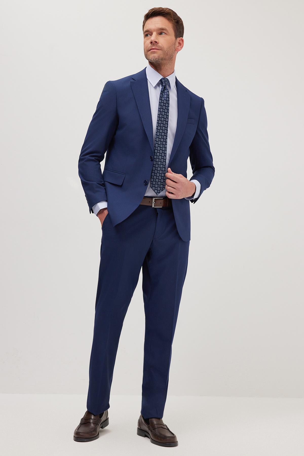 TUDORS Erkek Slim Fit Mono Yaka Elastanlı Esnek Kumaş Koyu Lacivert Takım Elbise görsel 4