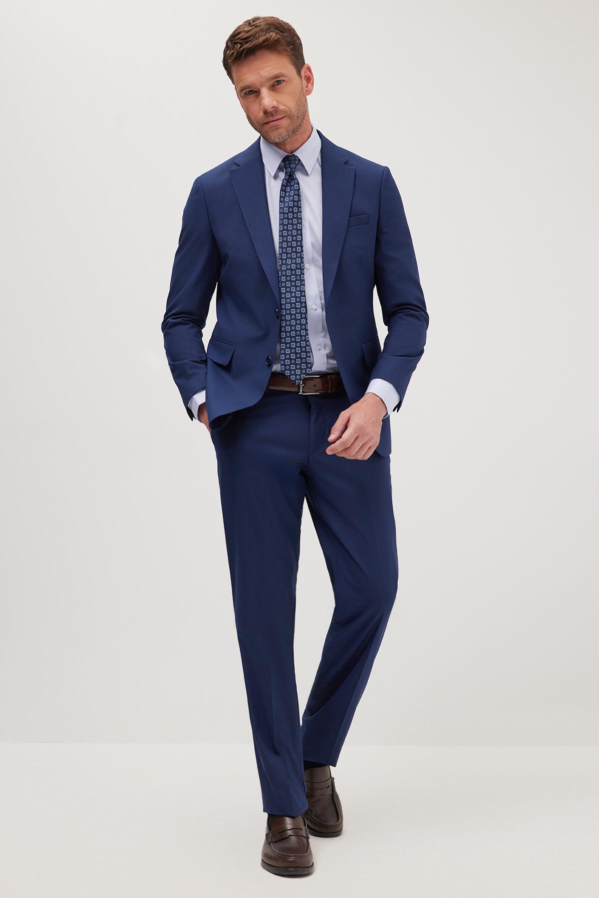 TUDORS Erkek Slim Fit Mono Yaka Elastanlı Esnek Kumaş Koyu Lacivert Takım Elbise görsel 5