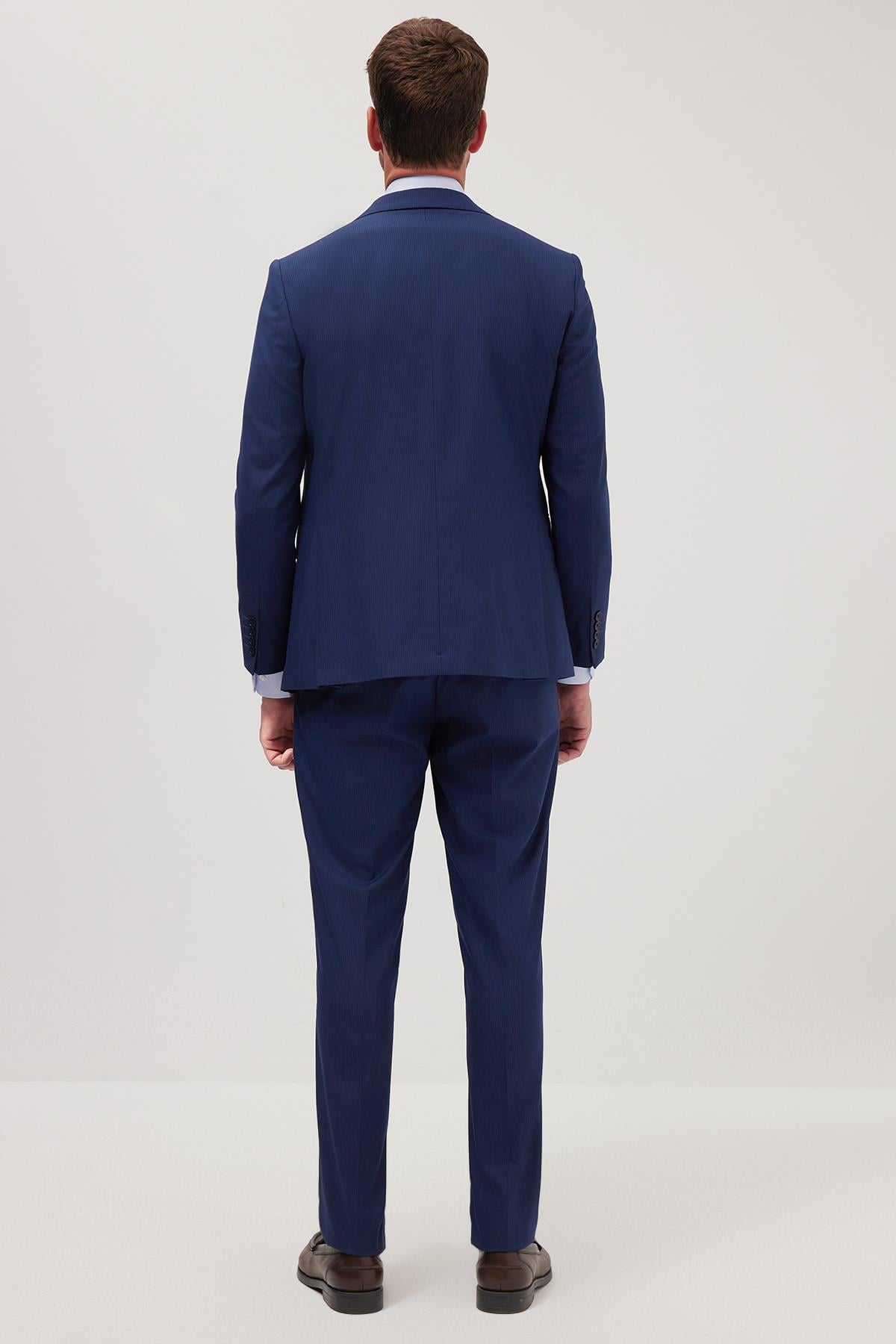 TUDORS Erkek Slim Fit Mono Yaka Elastanlı Esnek Kumaş Koyu Lacivert Takım Elbise görsel 7