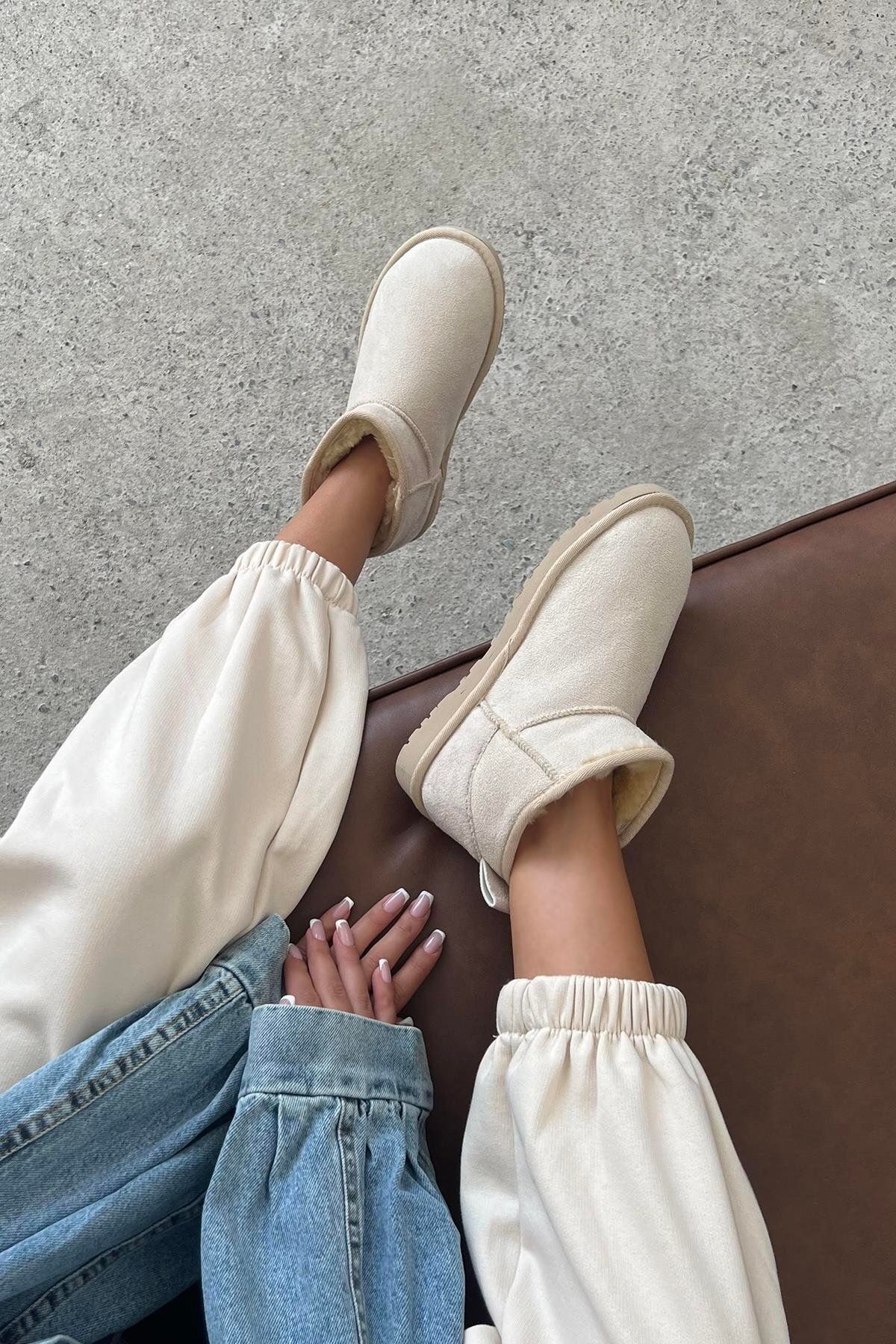 DUXAL SHOES Mini Gri Süet Yarım Bot içi Tüylü Düz Taban Kadın Ayakkabı görsel 2