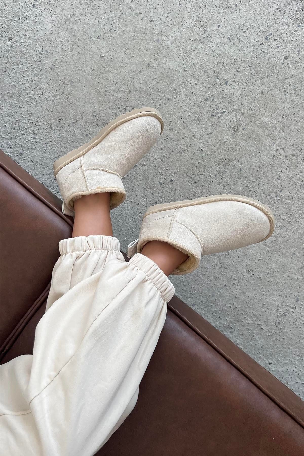 DUXAL SHOES Mini Gri Süet Yarım Bot içi Tüylü Düz Taban Kadın Ayakkabı görsel 3