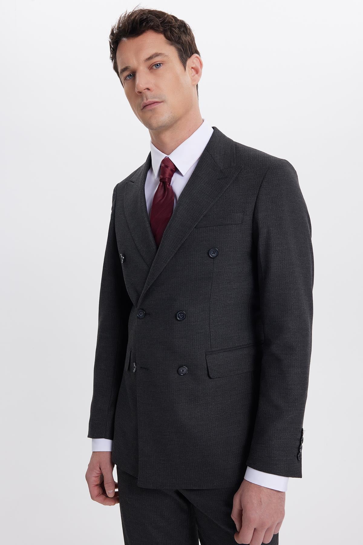 TUDORS Erkek Slim Fit Sivri Yaka Çizgili Kapaklı Cepli Antrasit Takım Elbise görsel 2