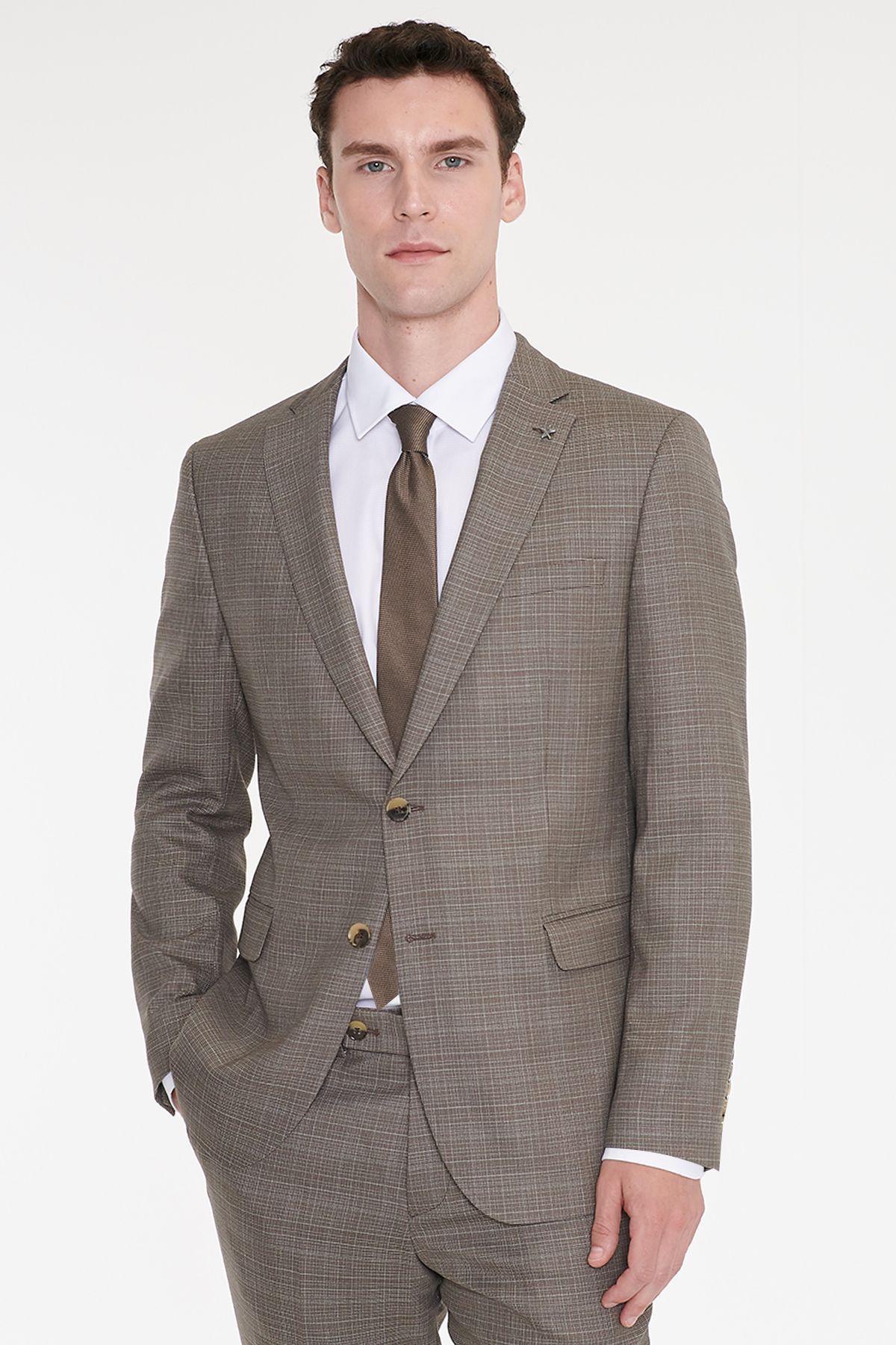 AC&Co / Altınyıldız Classics Erkek Bej Yünlü Slim Fit Dar Kesim Mono Yaka Kapak Cepli Desenli Esnek Takım Elbise