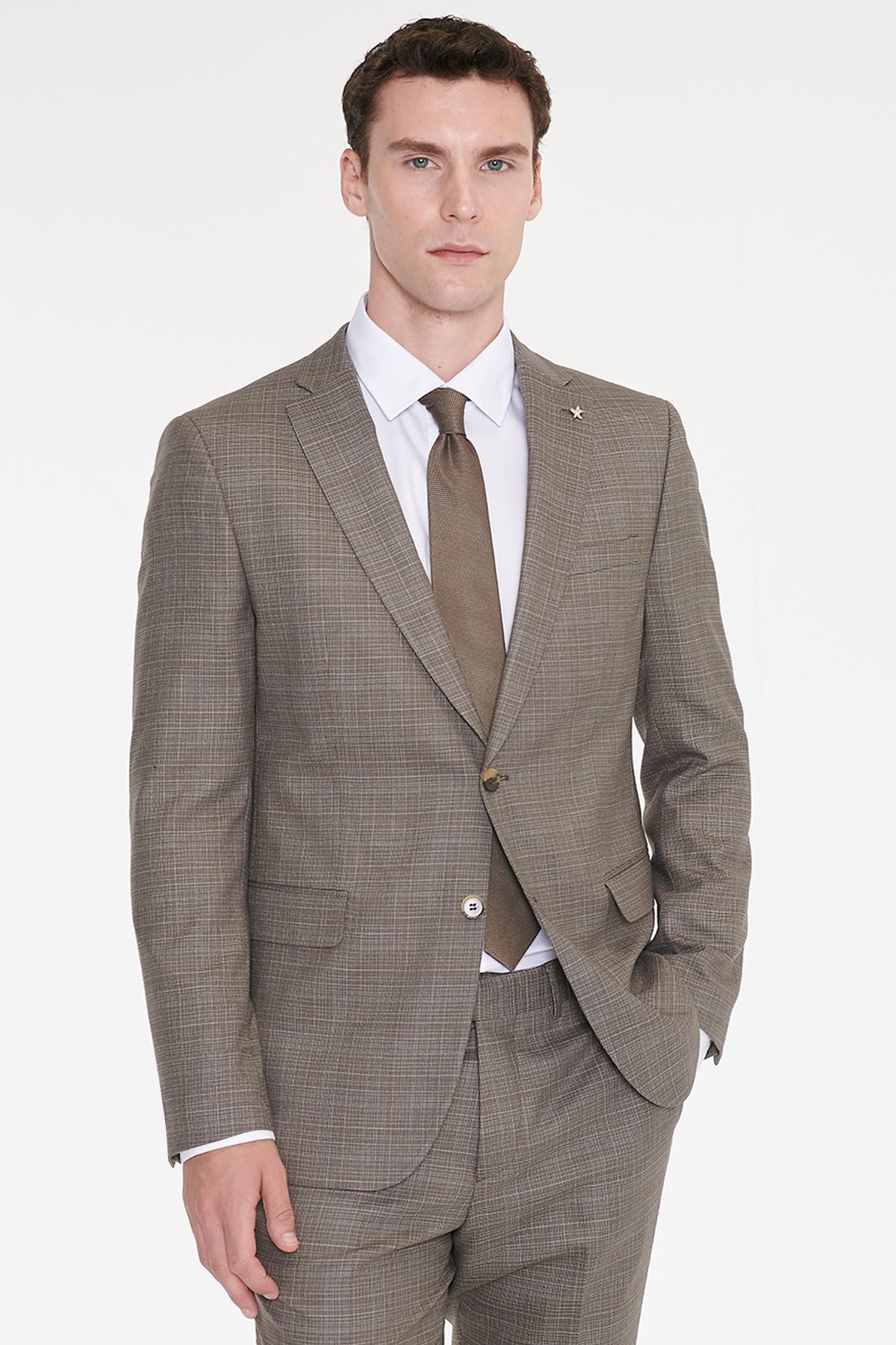 AC&Co / Altınyıldız Classics Erkek Bej Yünlü Slim Fit Dar Kesim Mono Yaka Kapak Cepli Desenli Esnek Takım Elbise görsel 3