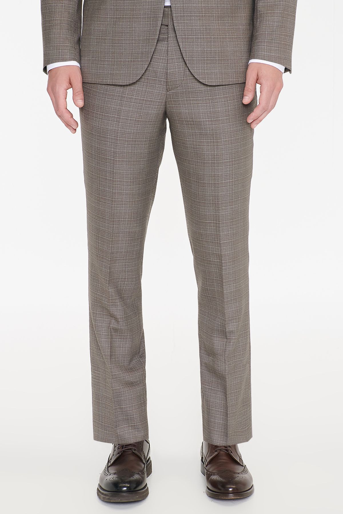 AC&Co / Altınyıldız Classics Erkek Bej Yünlü Slim Fit Dar Kesim Mono Yaka Kapak Cepli Desenli Esnek Takım Elbise görsel 6