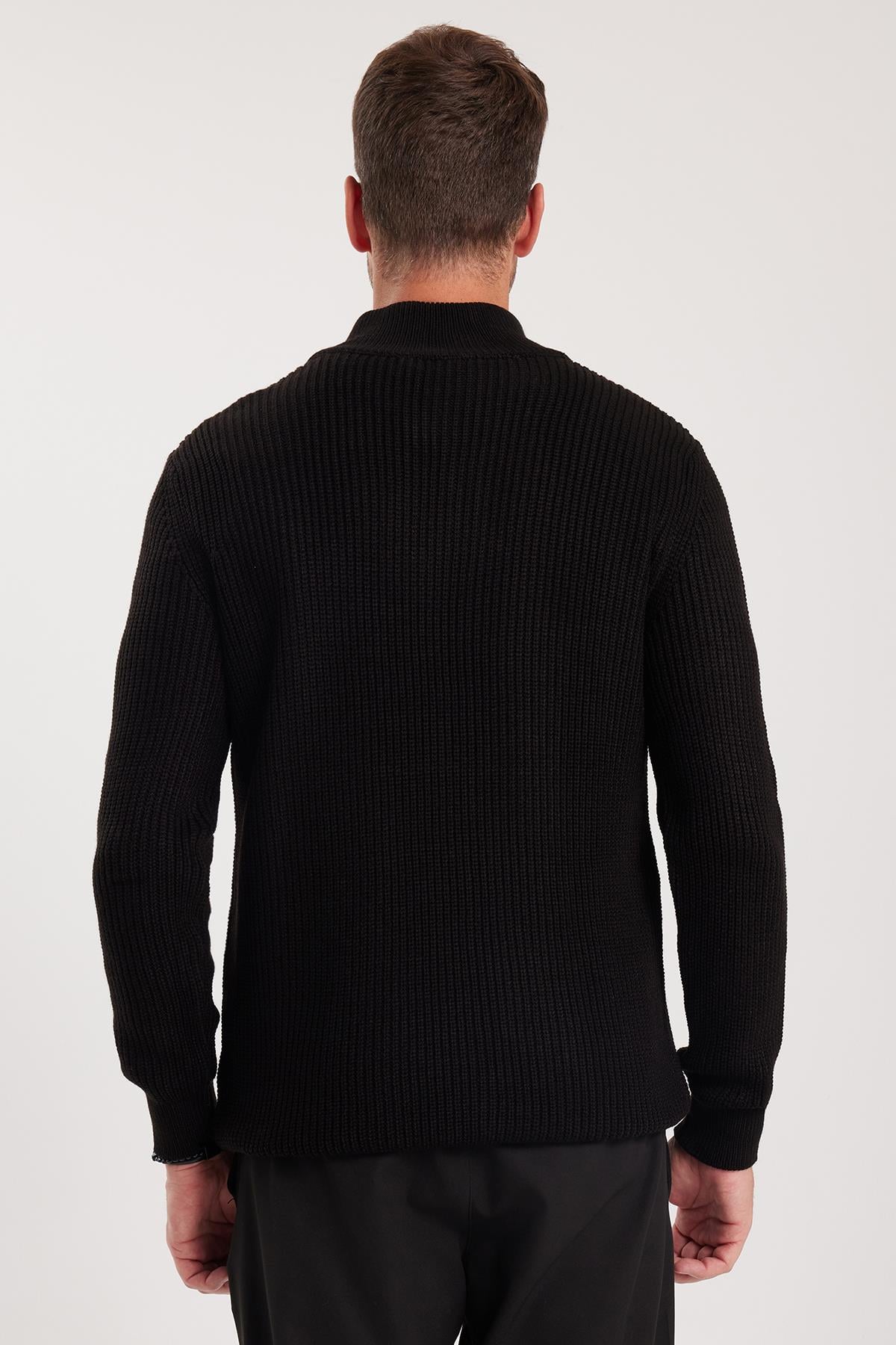 TUDORS Erkek Slim Fit Dar Kesim Fermuarlı Siyah Dik Yaka Triko Kazak görsel 7