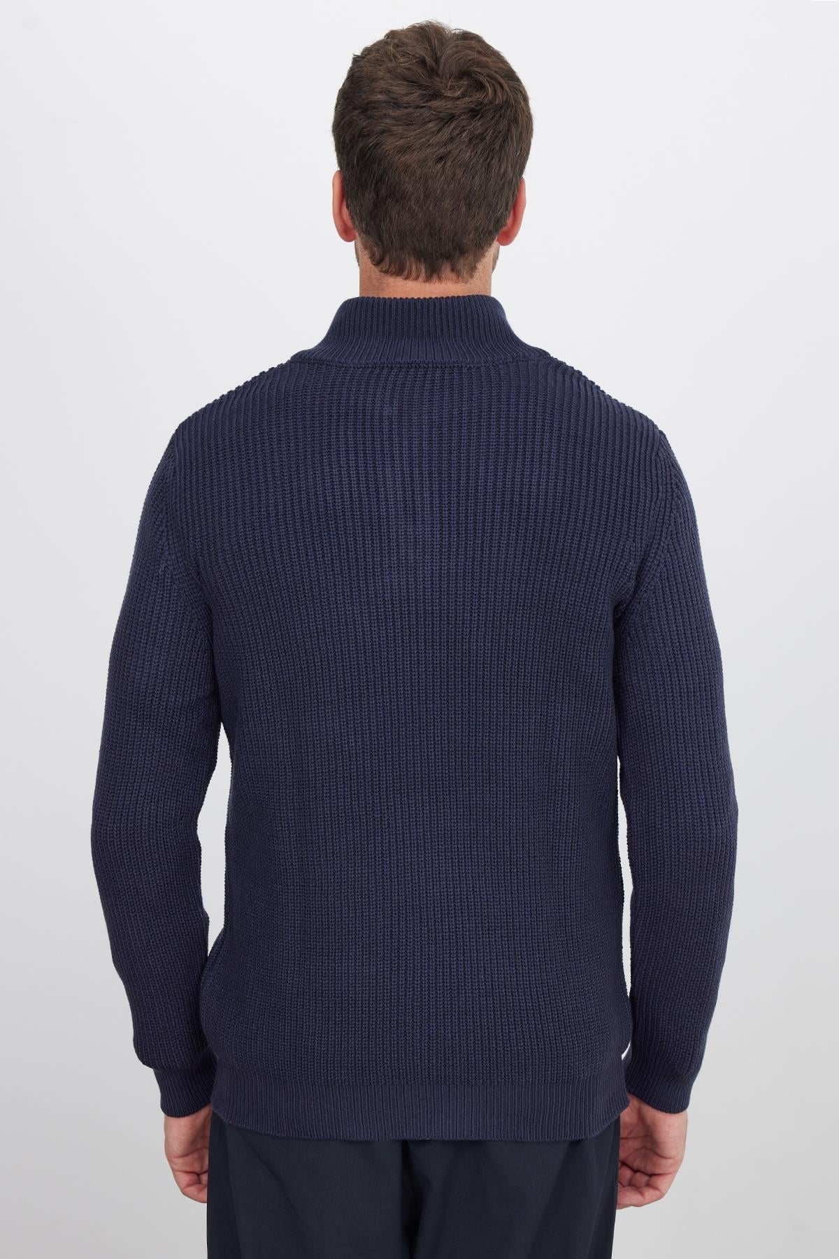 TUDORS Erkek Slim Fit Dar Kesim Fermuarlı Lacivert Dik Yaka Triko Kazak görsel 7