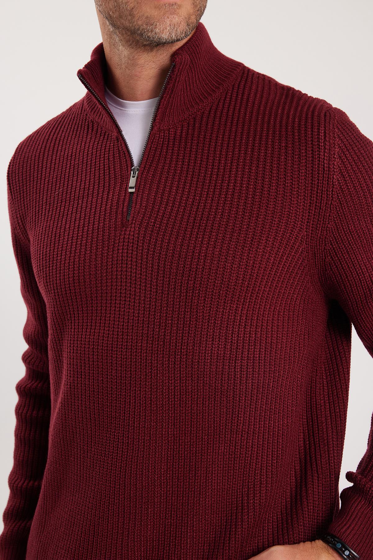 TUDORS Erkek Slim Fit Dar Kesim Fermuarlı Bordo Dik Yaka Triko Kazak görsel 3
