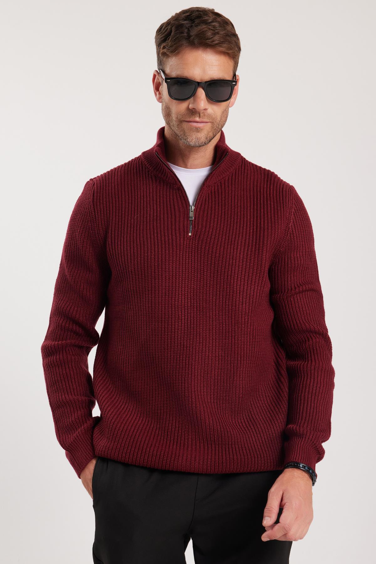 TUDORS Erkek Slim Fit Dar Kesim Fermuarlı Bordo Dik Yaka Triko Kazak görsel 5