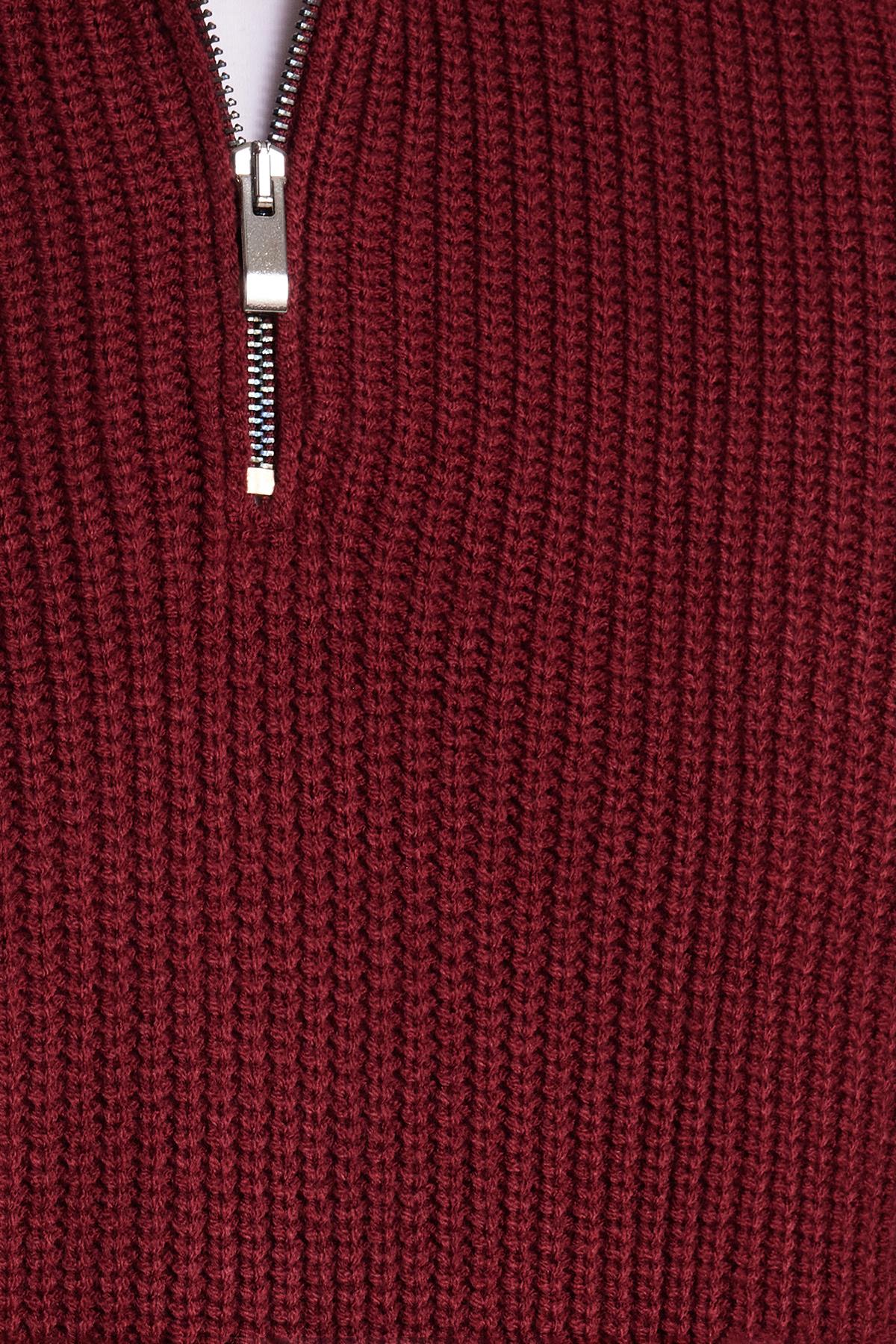 TUDORS Erkek Slim Fit Dar Kesim Fermuarlı Bordo Dik Yaka Triko Kazak görsel 6