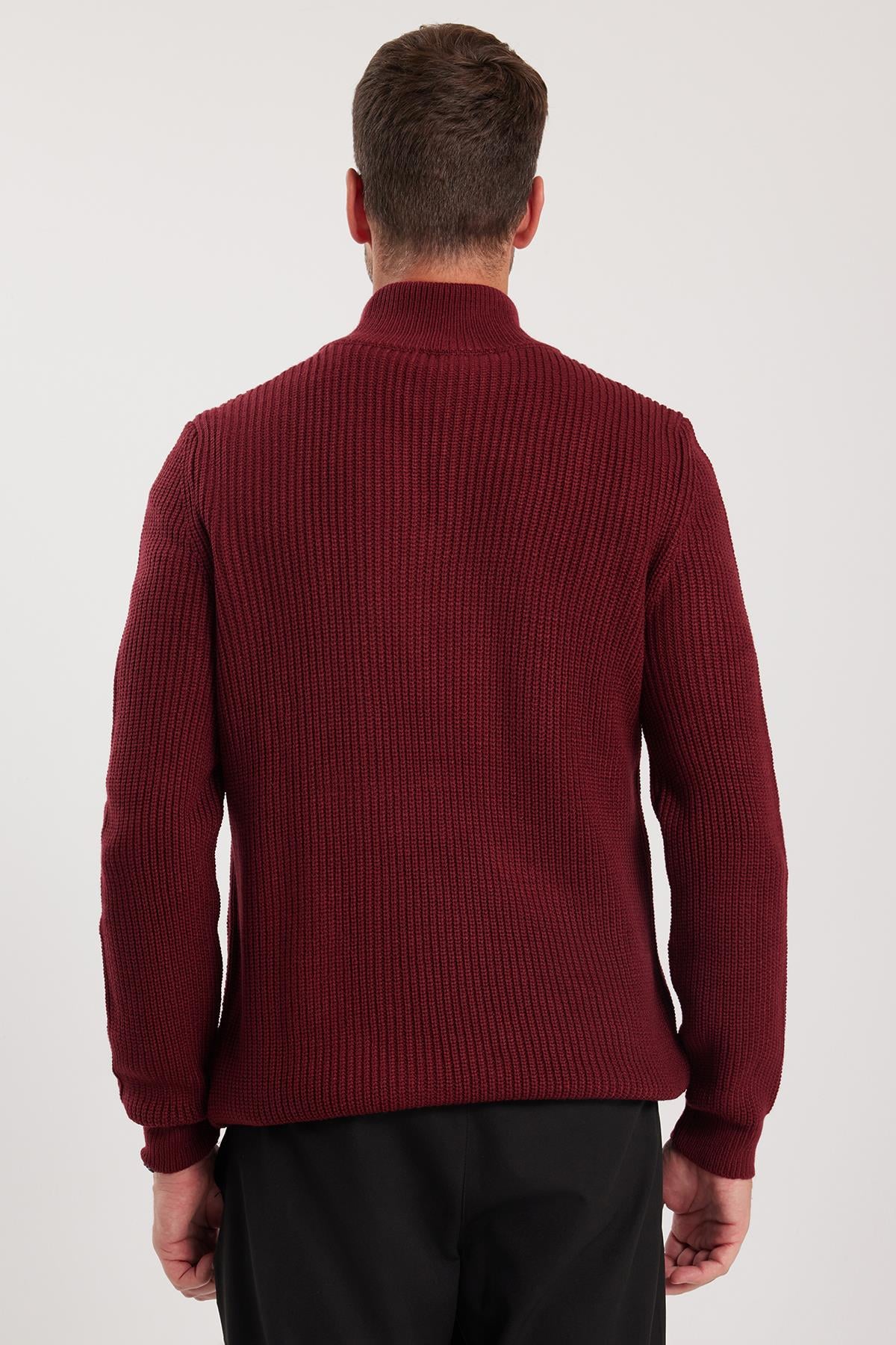 TUDORS Erkek Slim Fit Dar Kesim Fermuarlı Bordo Dik Yaka Triko Kazak görsel 7