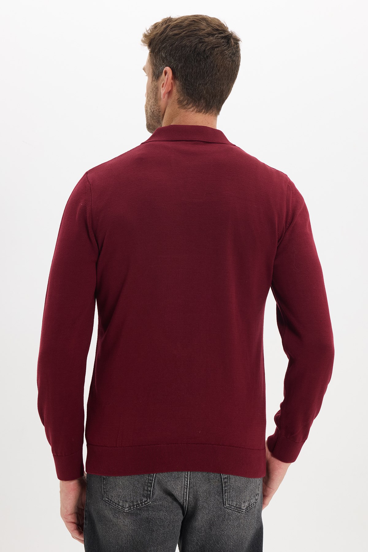 TUDORS Erkek Standart Fit Normal Kesim Polo V Yaka Bordo Triko Kazak görsel 7