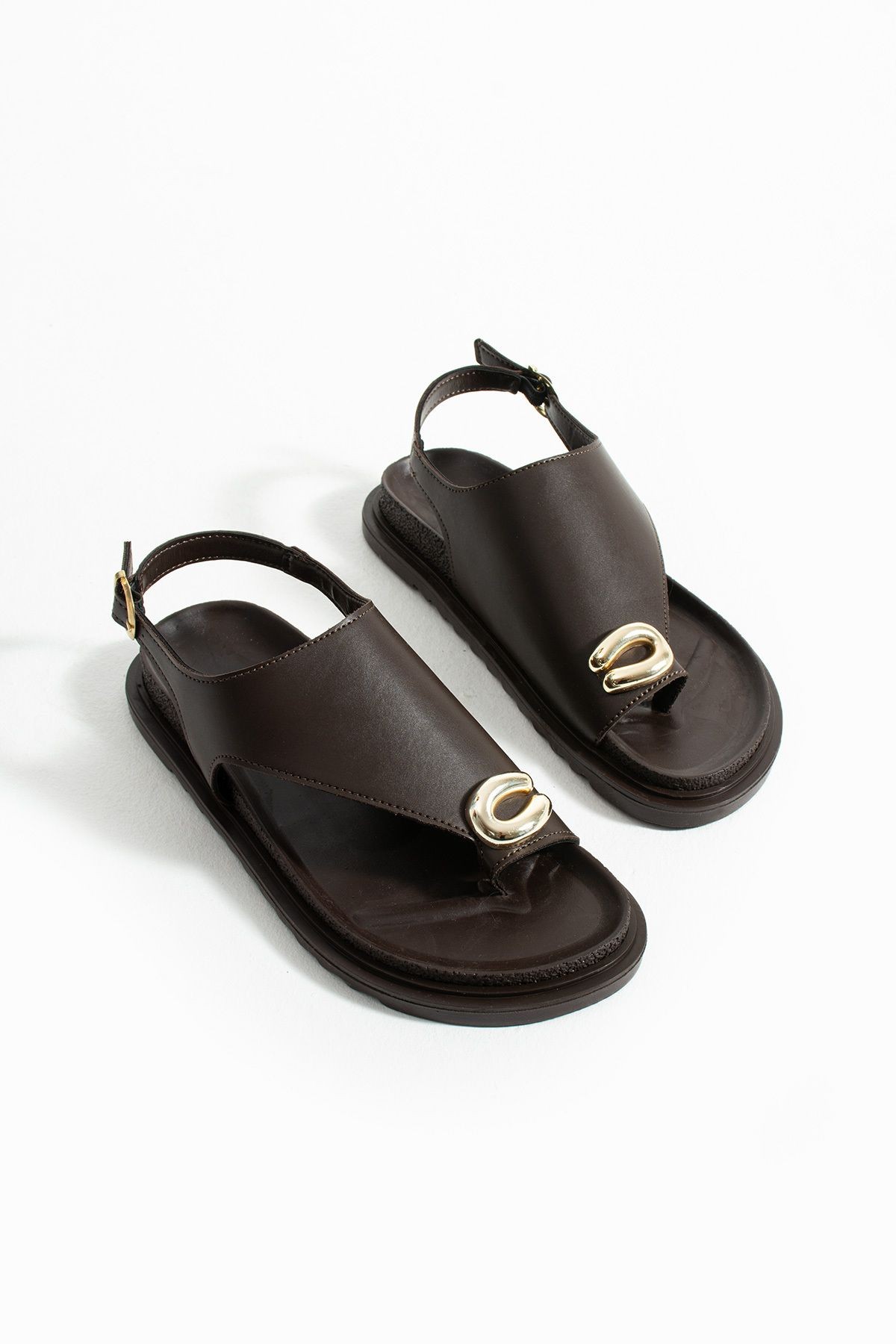 DUXAL SHOES Clara Kadın Altın Tokalı Kahverengi Düz Sandalet