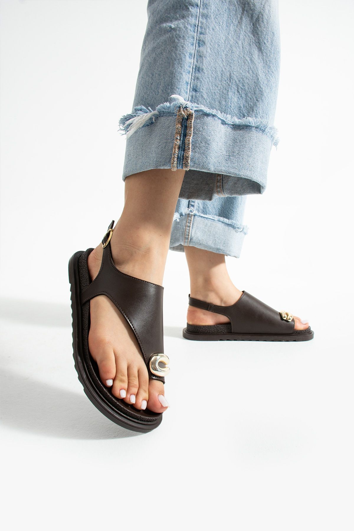 DUXAL SHOES Clara Kadın Altın Tokalı Kahverengi Düz Sandalet görsel 2