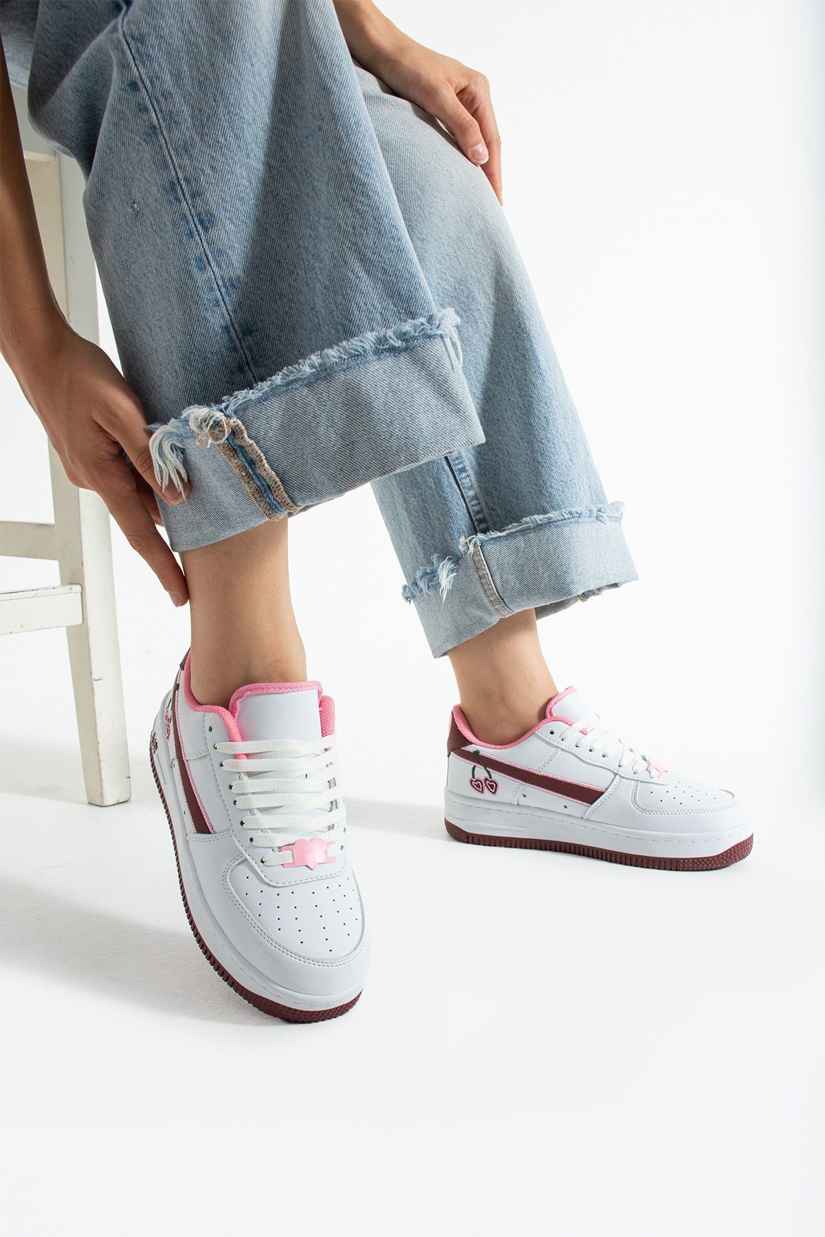 DUXAL SHOES Kiraz Detaylı Pembe Beyaz Sneaker, Kadın Spor Ayakkabı görsel 3