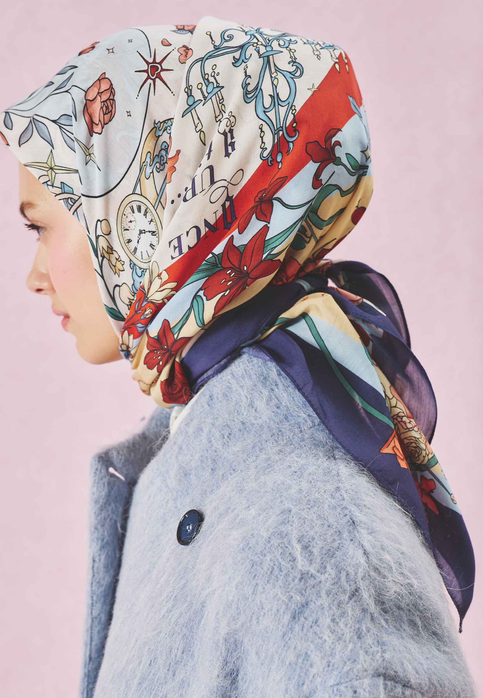 Fresh Scarfs Once Upon A Love Desen Floş Viskon Eşarp Midnight Blue görsel 4