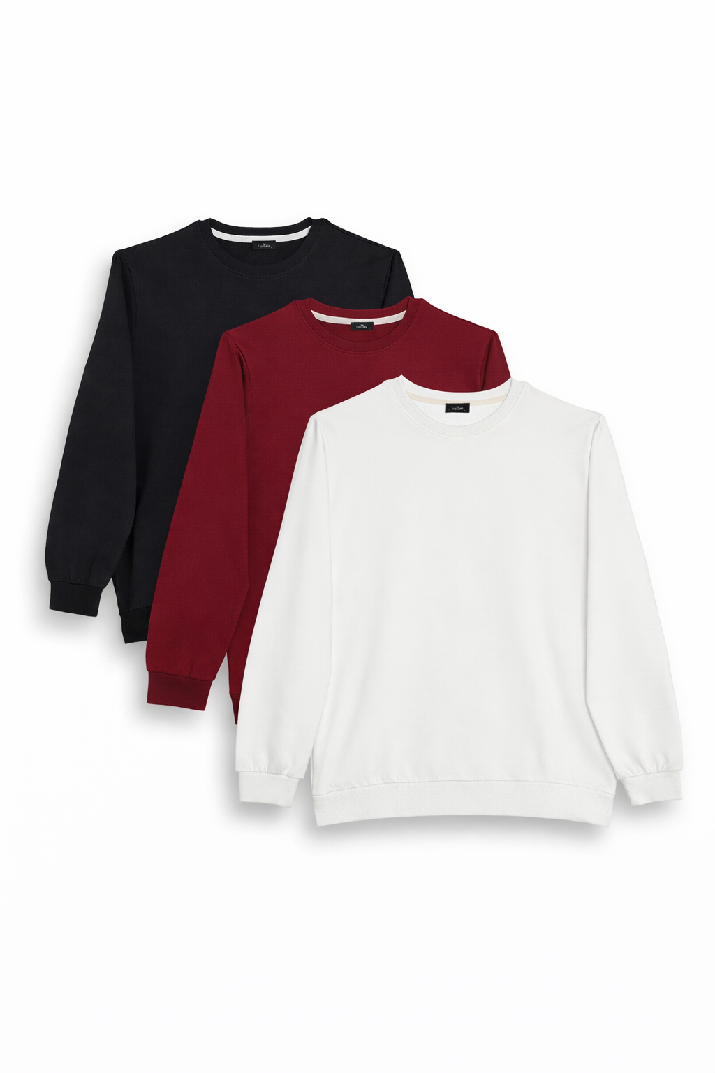 TUDORS Erkek 3'Lü Siyah-Bordo-Beyaz Relax Fit Rahat Kesim %100 Pamuk 2 İplik Bisiklet Yaka Sweatshirt
