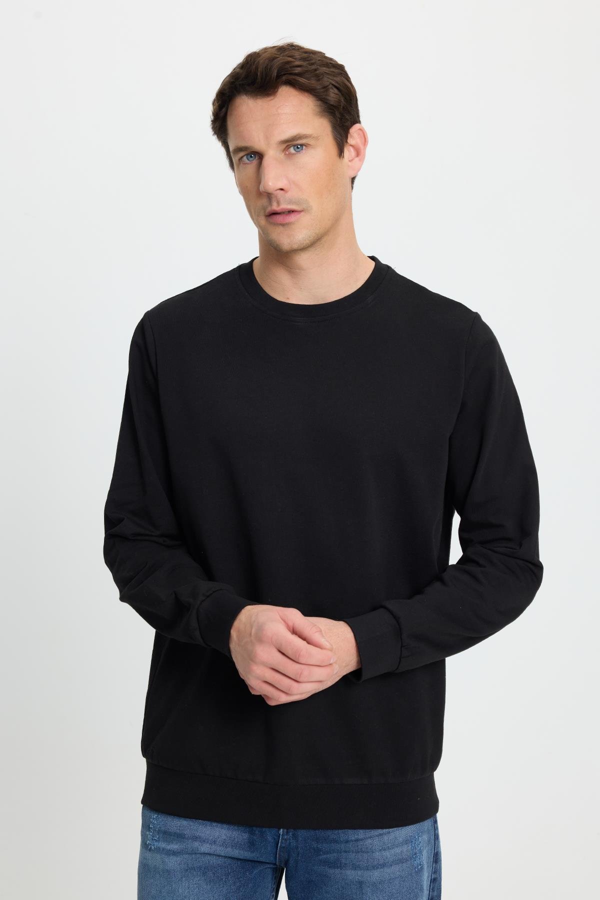 TUDORS Erkek 3'Lü Siyah-Bordo-Beyaz Relax Fit Rahat Kesim %100 Pamuk 2 İplik Bisiklet Yaka Sweatshirt görsel 2