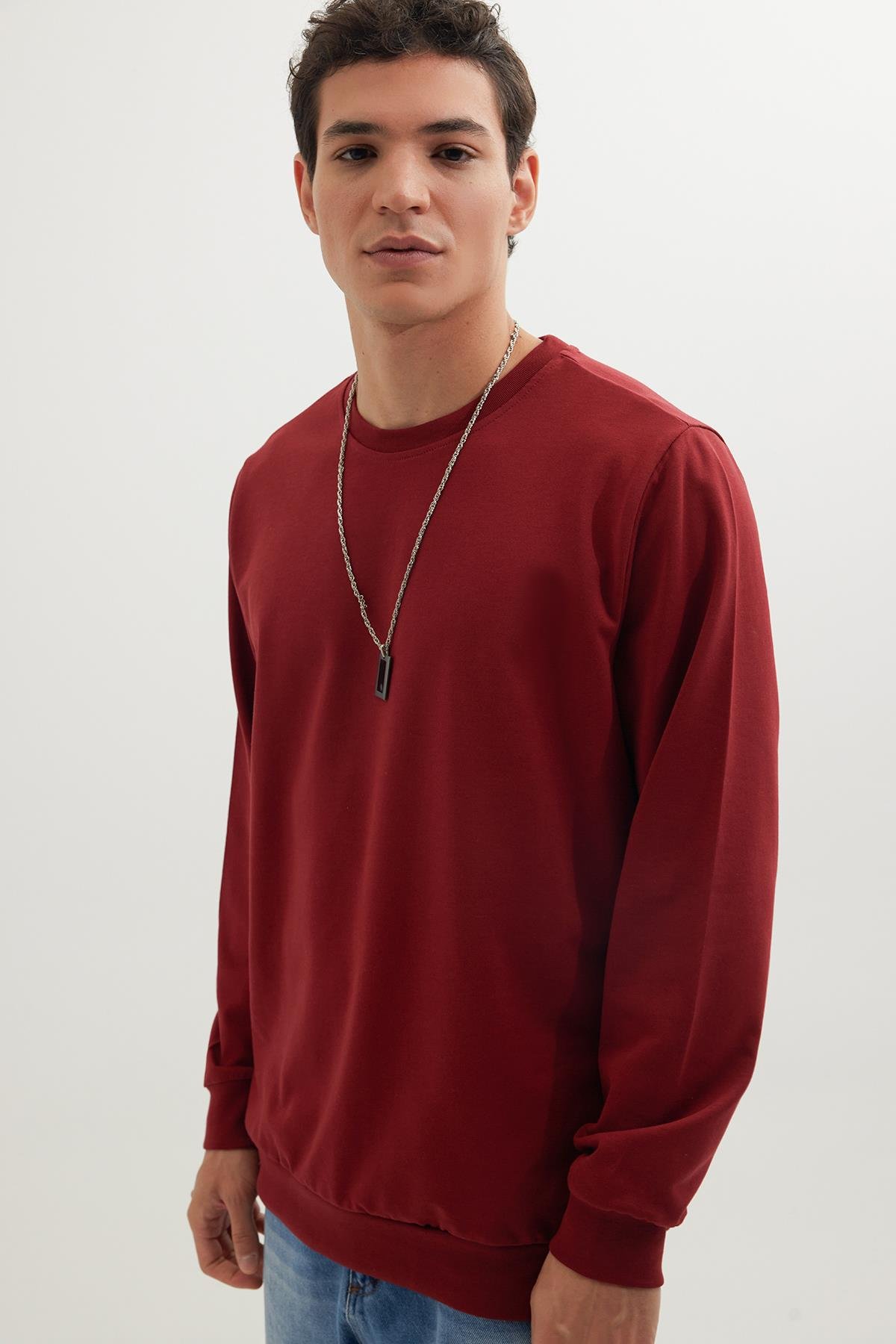 TUDORS Erkek 3'Lü Siyah-Bordo-Beyaz Relax Fit Rahat Kesim %100 Pamuk 2 İplik Bisiklet Yaka Sweatshirt görsel 3