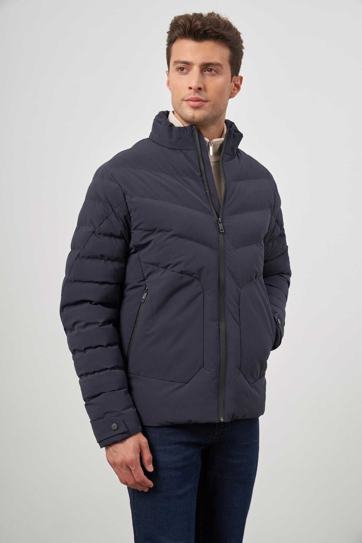 İMZA Koyu Lacivert Dolumlu Hakim Yaka Slim Fit Dar Kesim Klasik Şişme Mont 1007245153